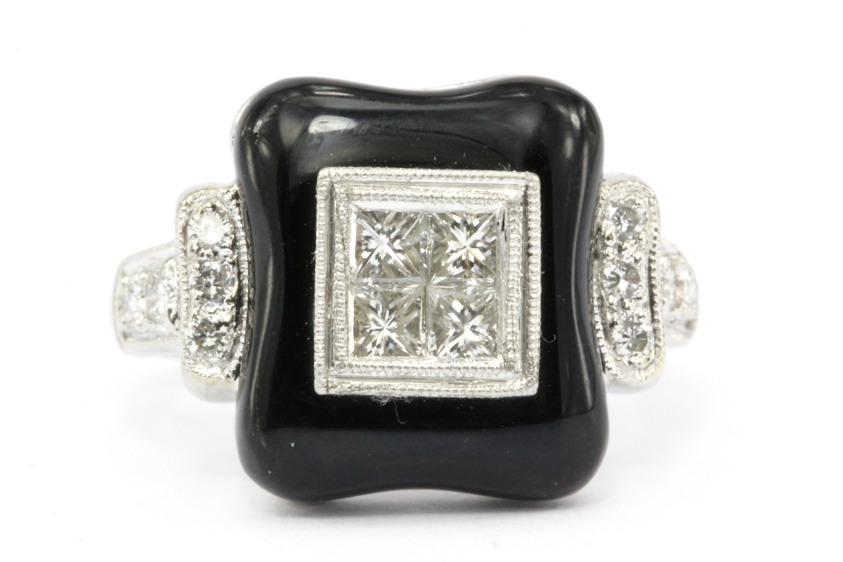 Art Deco Revival Platinum Diamond Onyx Ring - Queen May