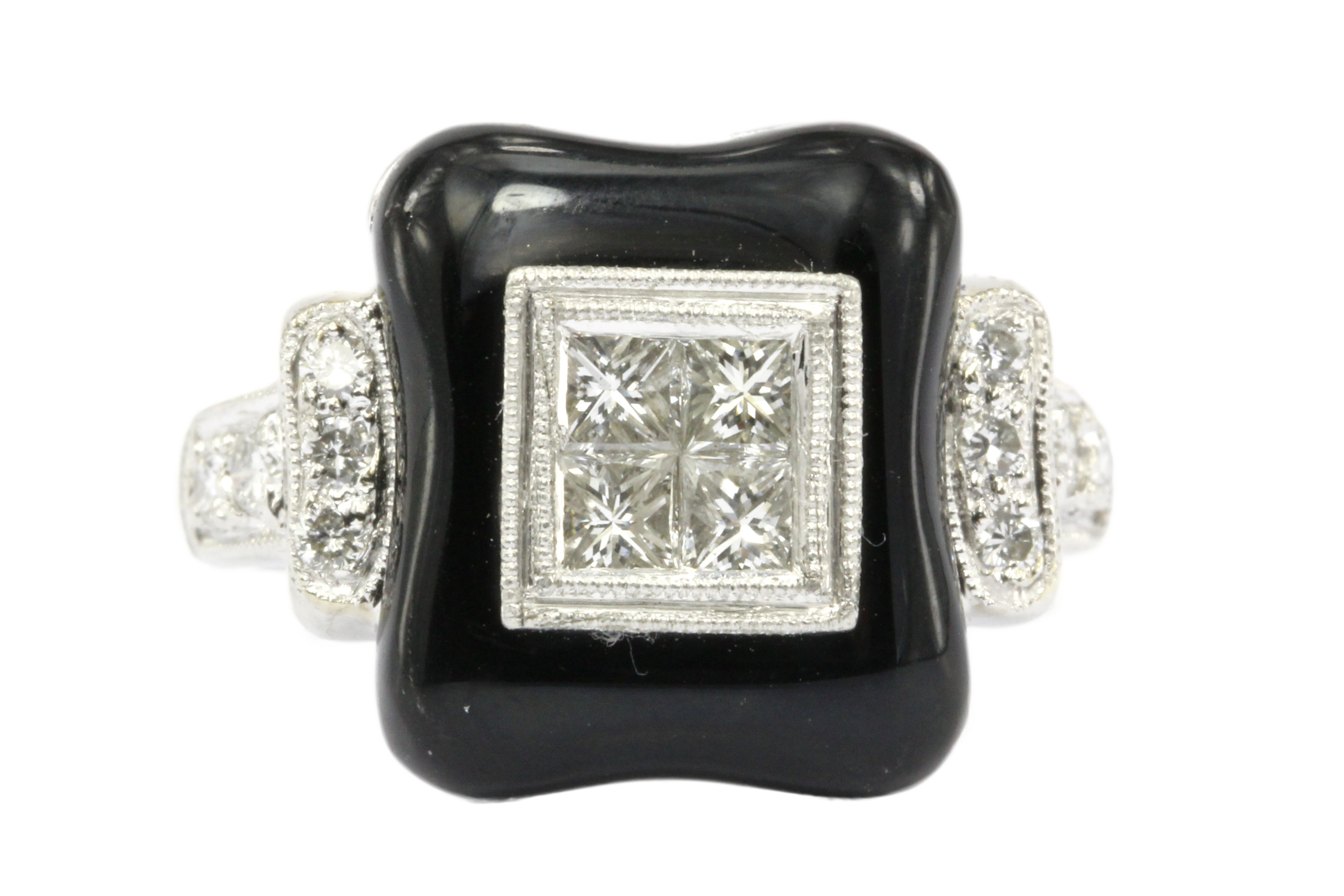 Art Deco Revival Platinum Diamond Onyx Ring - Queen May