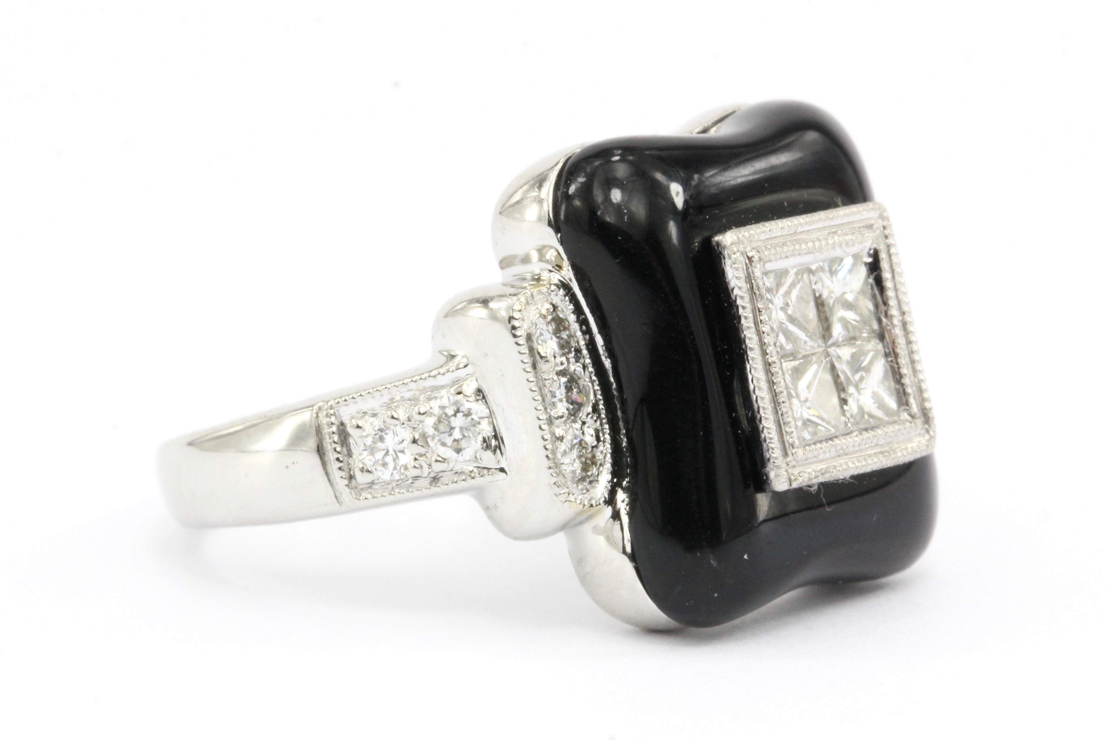 Art Deco Revival Platinum Diamond Onyx Ring - Queen May