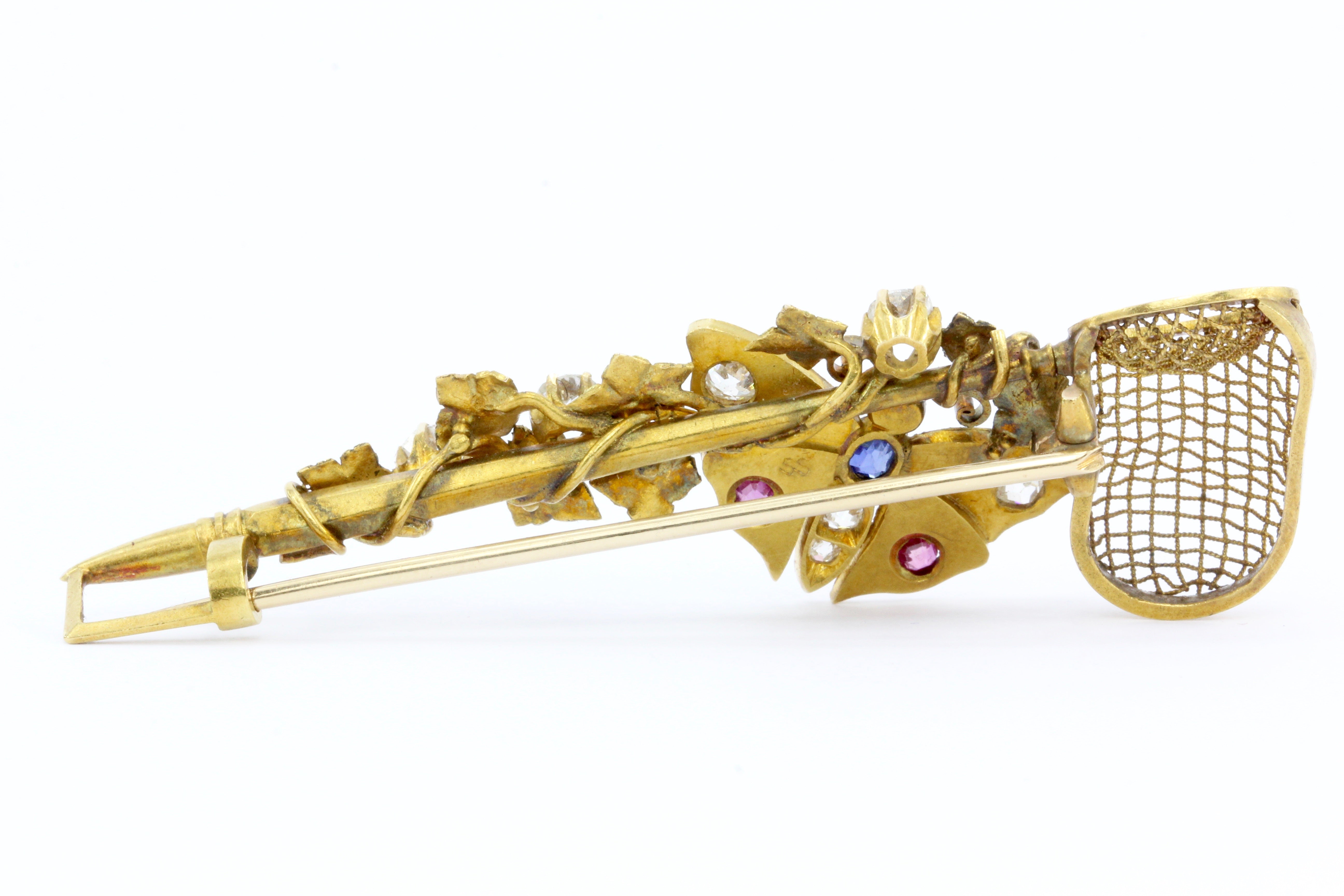 Victorian 14K Gold Old Mine Diamond Ruby & Sapphire Butterfly Net Ivy Brooch - Queen May