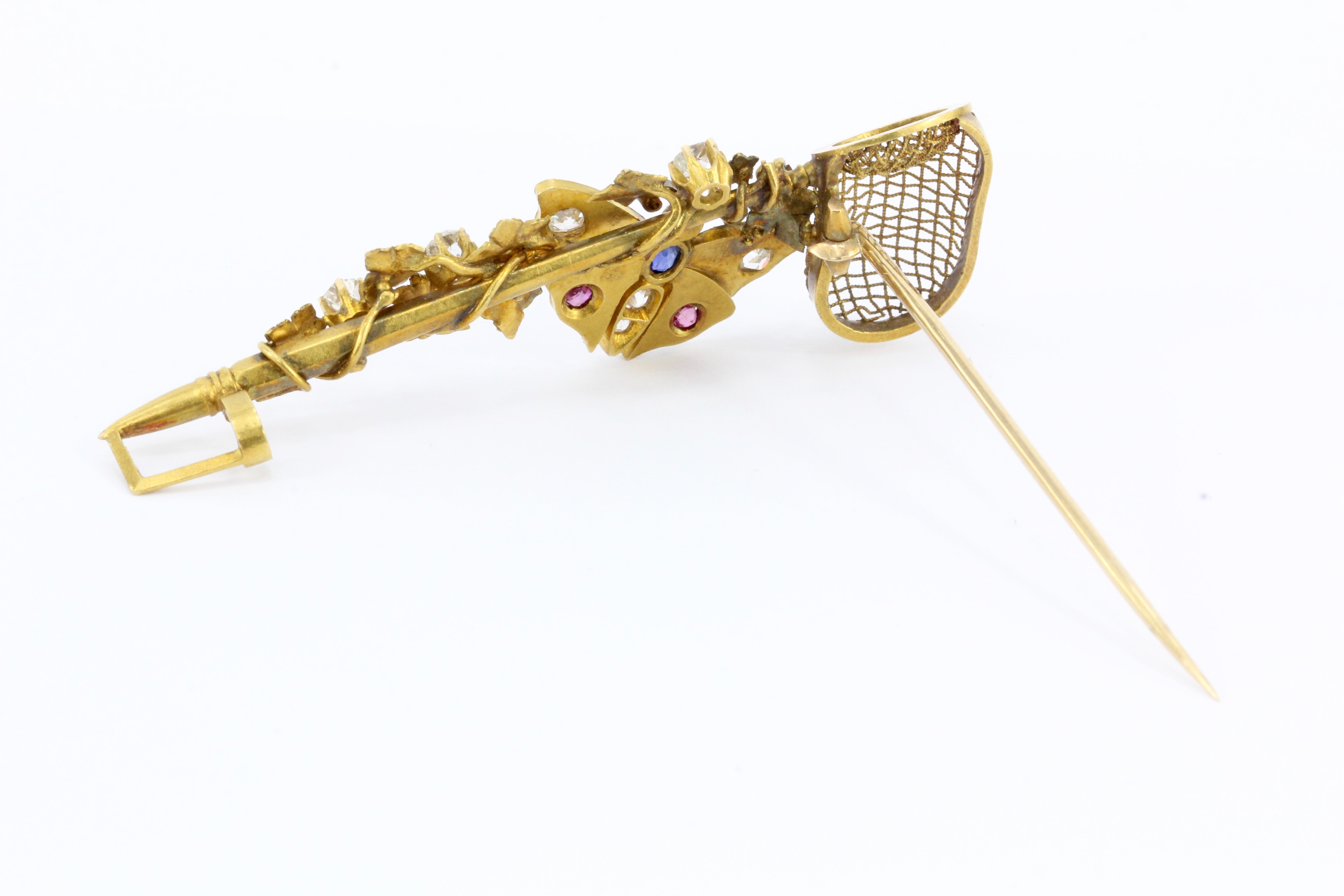 Victorian 14K Gold Old Mine Diamond Ruby & Sapphire Butterfly Net Ivy Brooch - Queen May