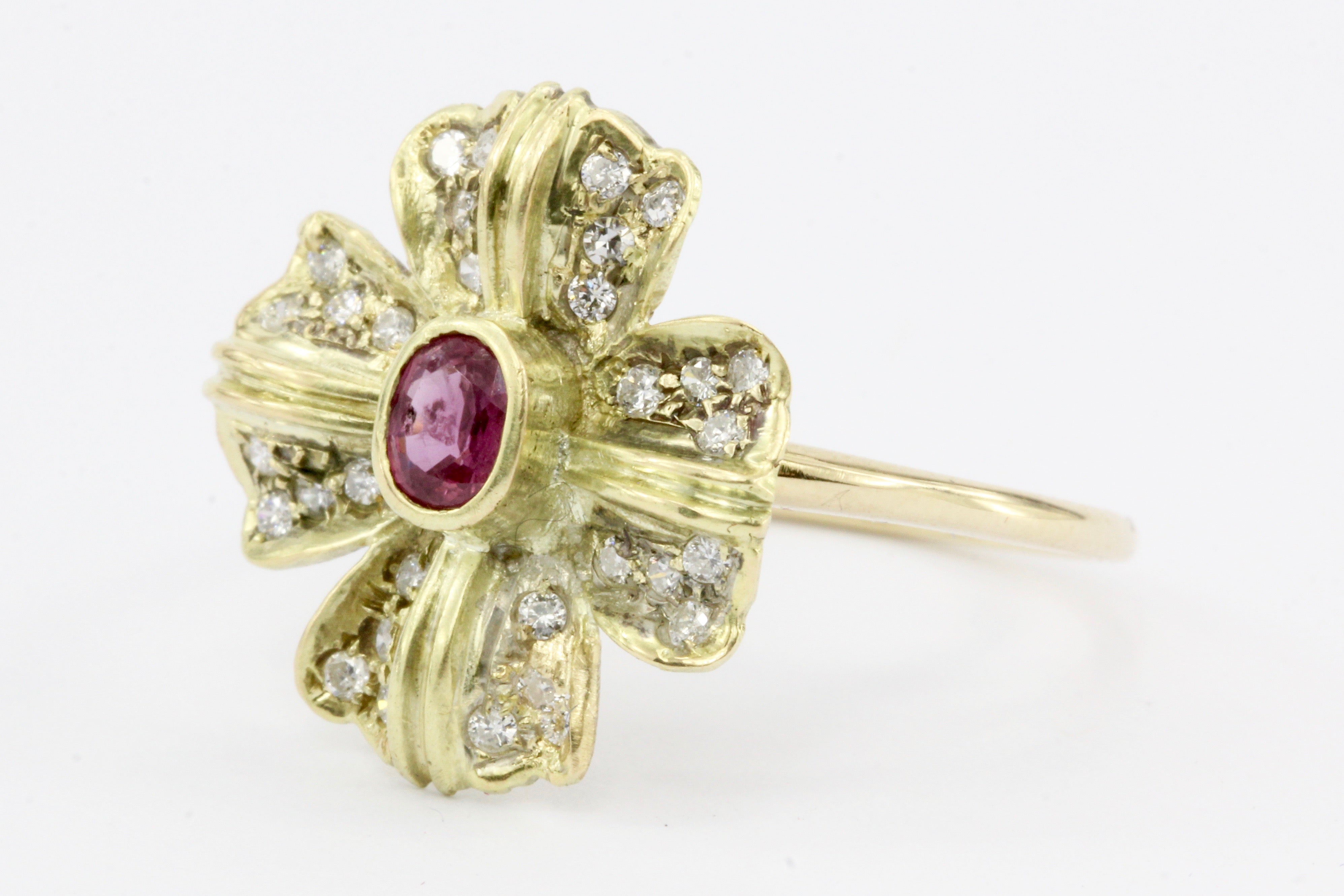 Retro 14K Gold Diamond & Ruby Floral Conversion Ring c.1950's - Queen May
