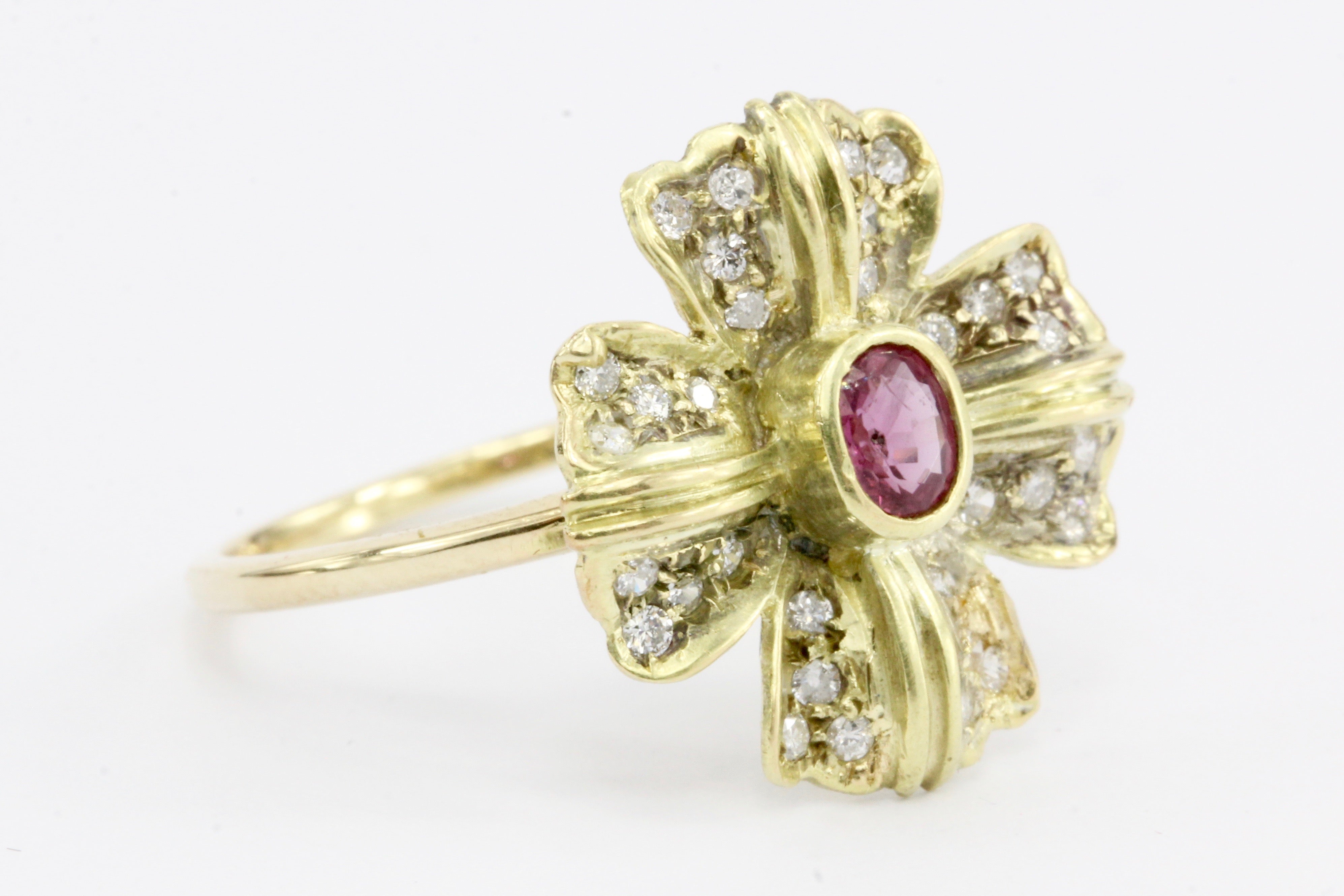 Retro 14K Gold Diamond & Ruby Floral Conversion Ring c.1950's - Queen May