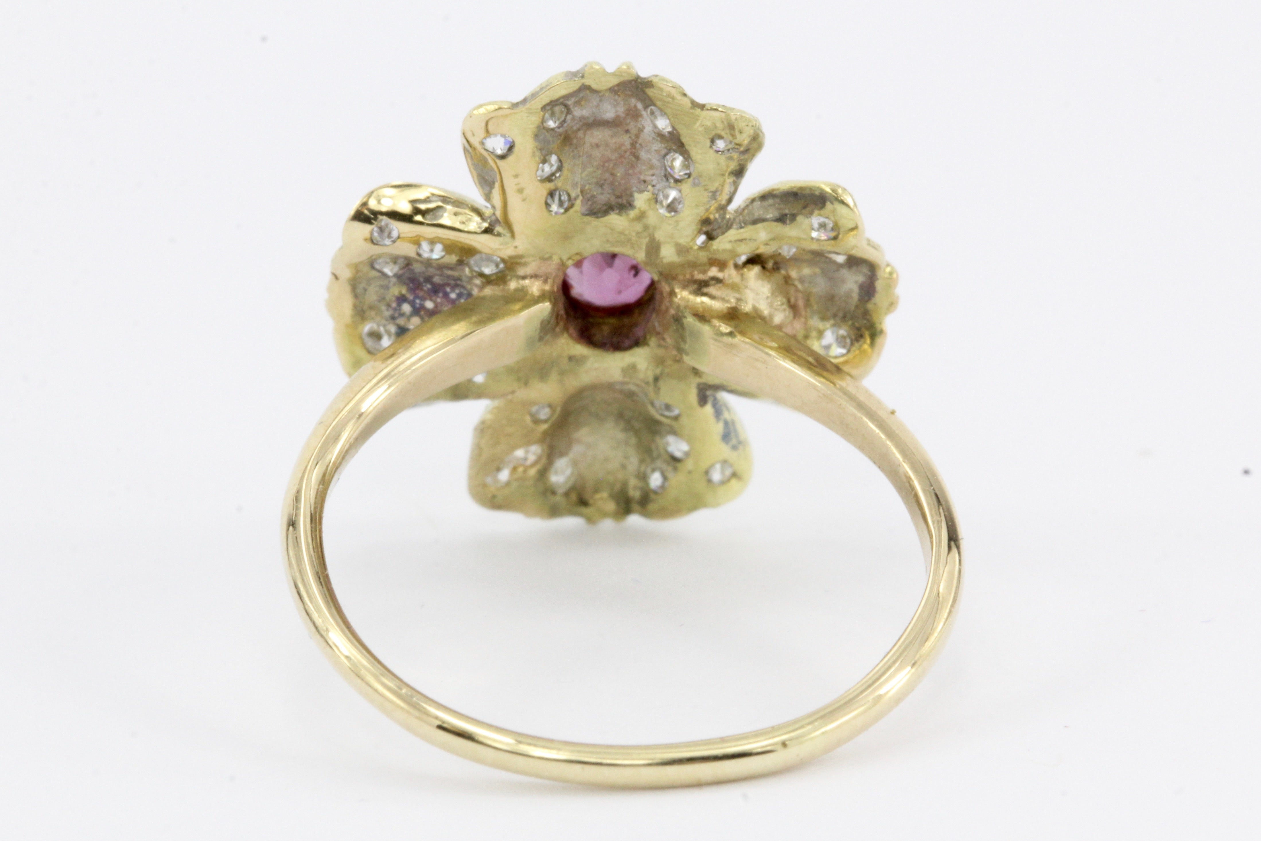 Retro 14K Gold Diamond & Ruby Floral Conversion Ring c.1950's - Queen May