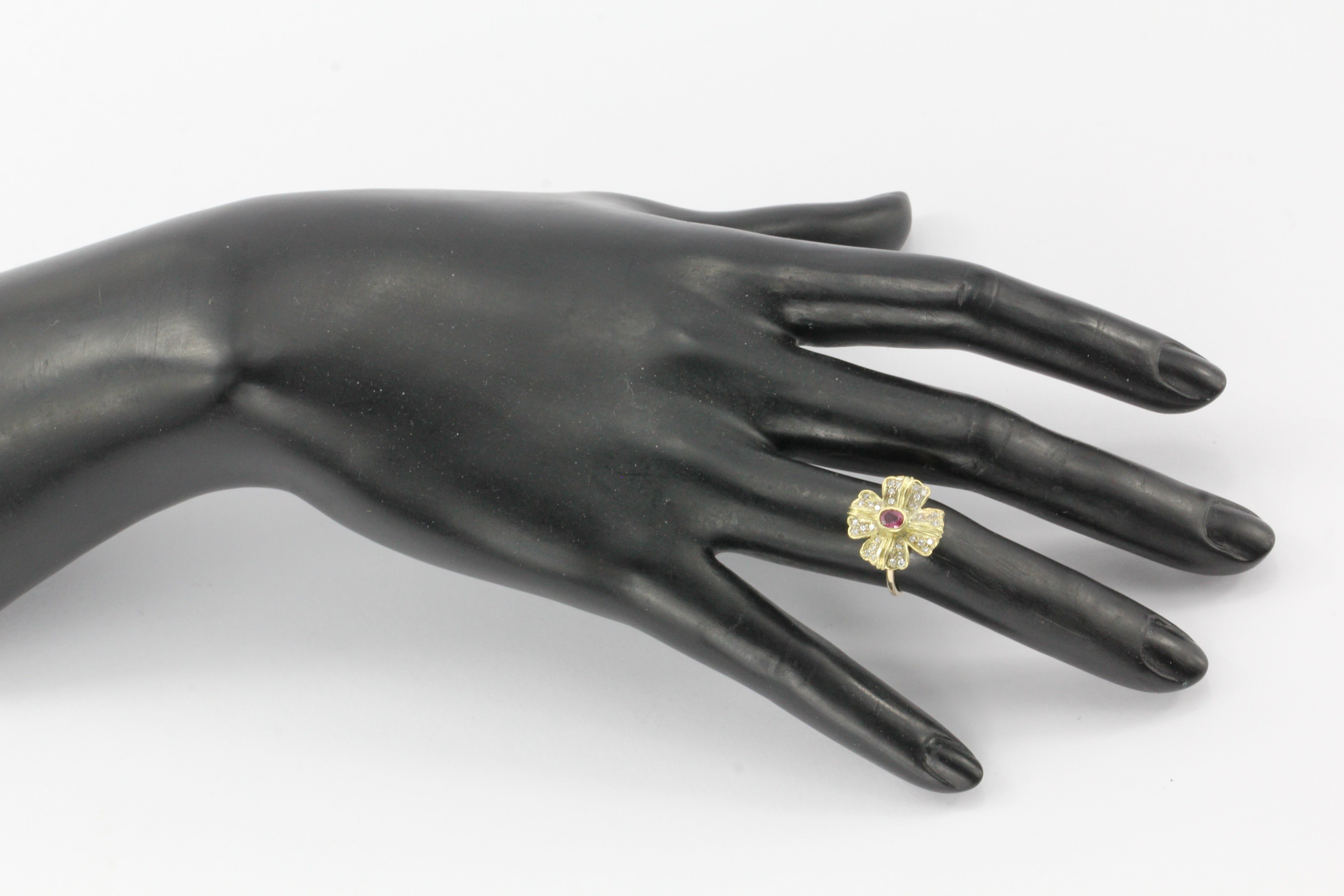 Retro 14K Gold Diamond & Ruby Floral Conversion Ring c.1950's - Queen May