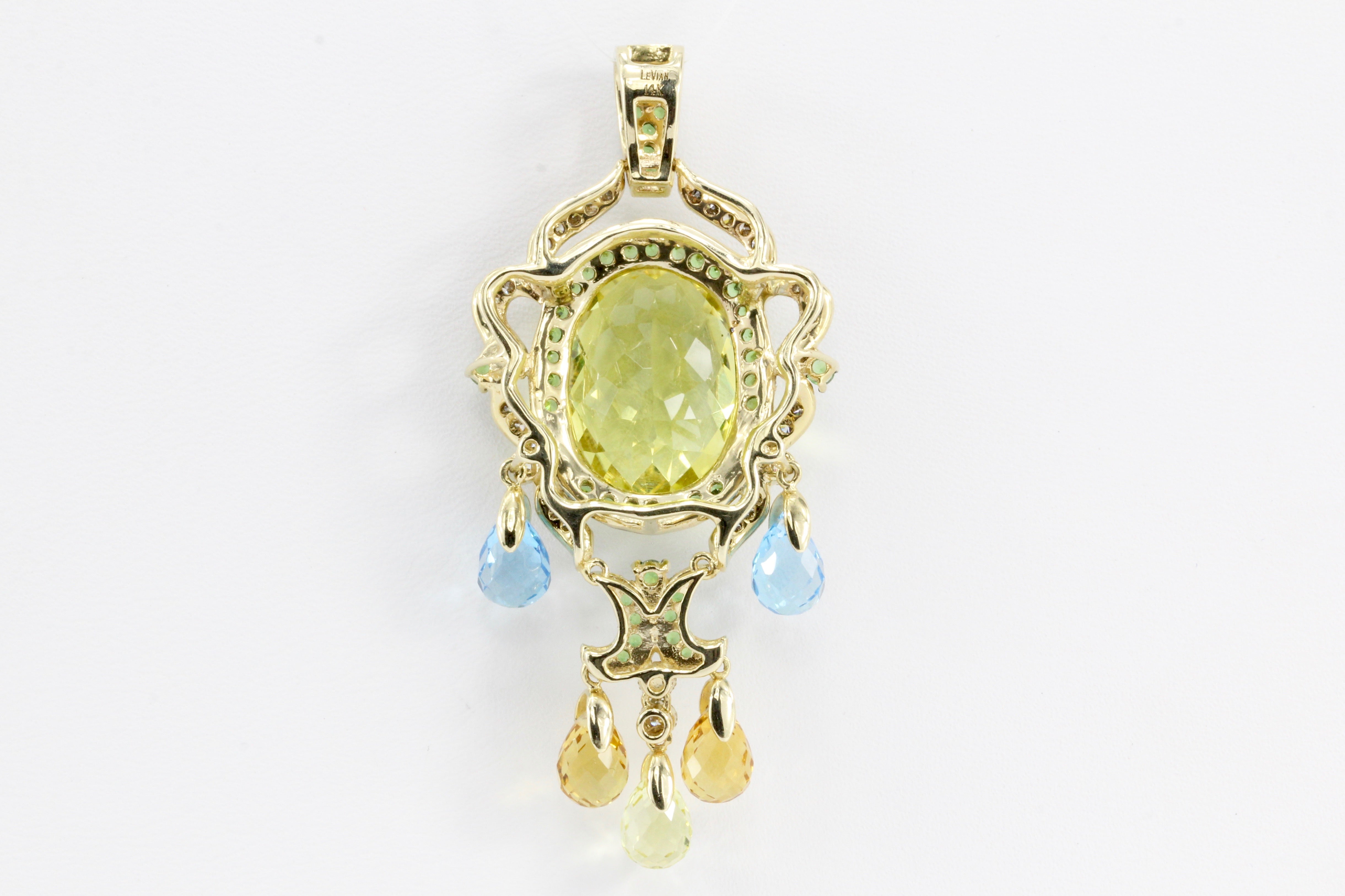 LeVian Art Nouveau Style 14K Gold Diamond Lime Quartz Gemstone Pendant - Queen May