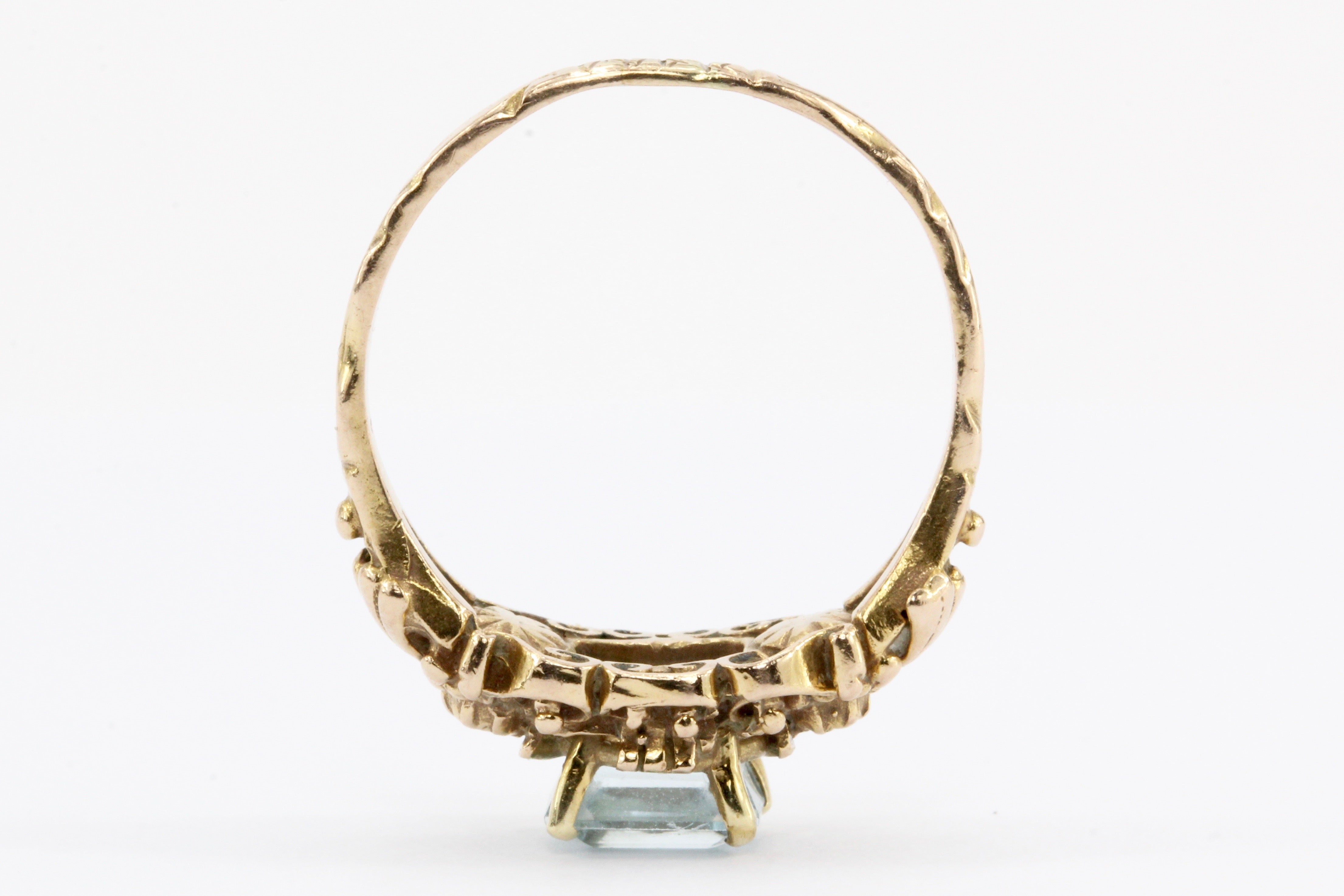 Georgian Style 14K Gold Blue Topaz & Old Mine Diamond Ring - Queen May