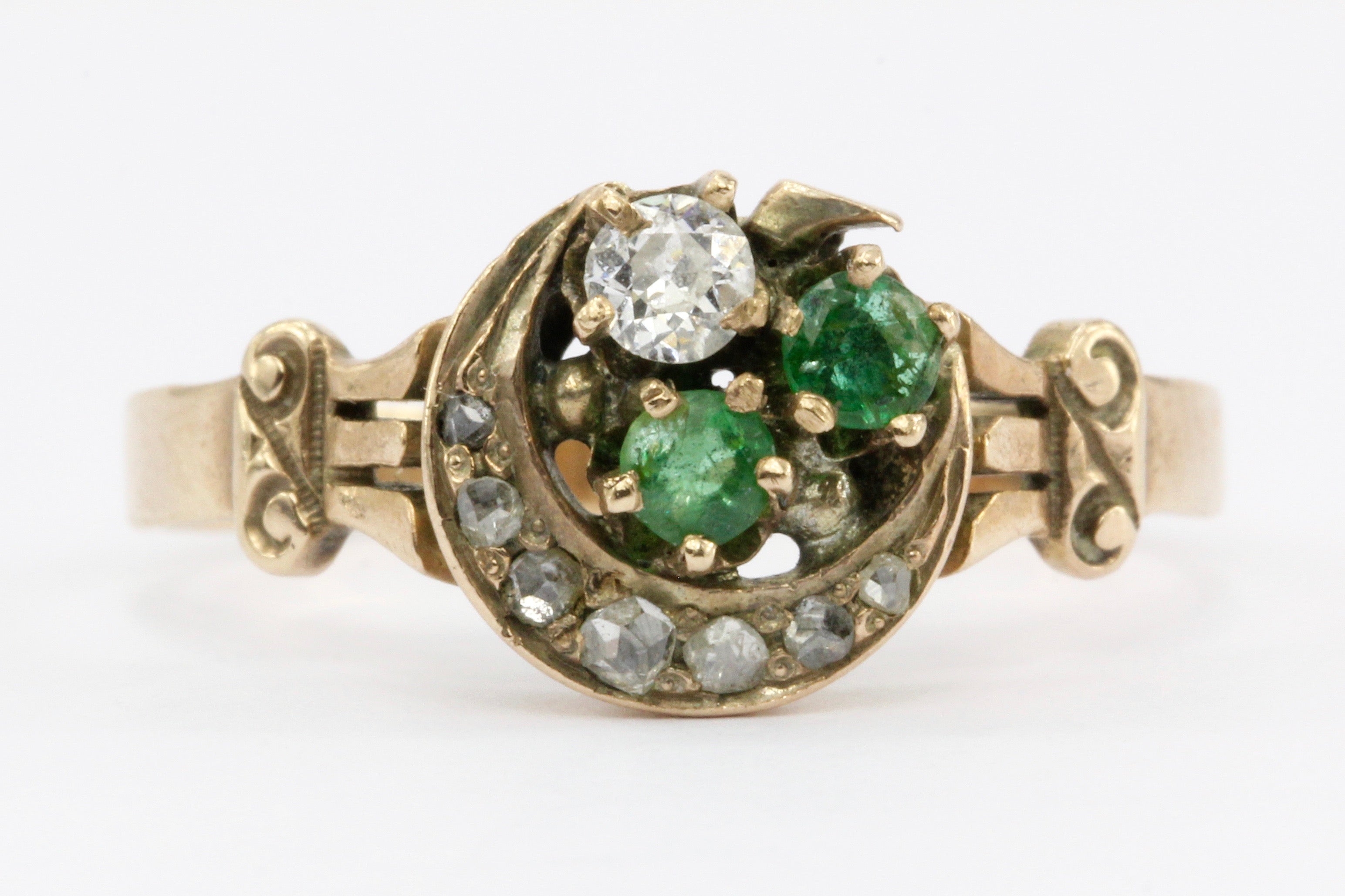 Victorian 10k Gold Diamond & Emerald Crescent Trefoil Ring c.1880's - Queen May