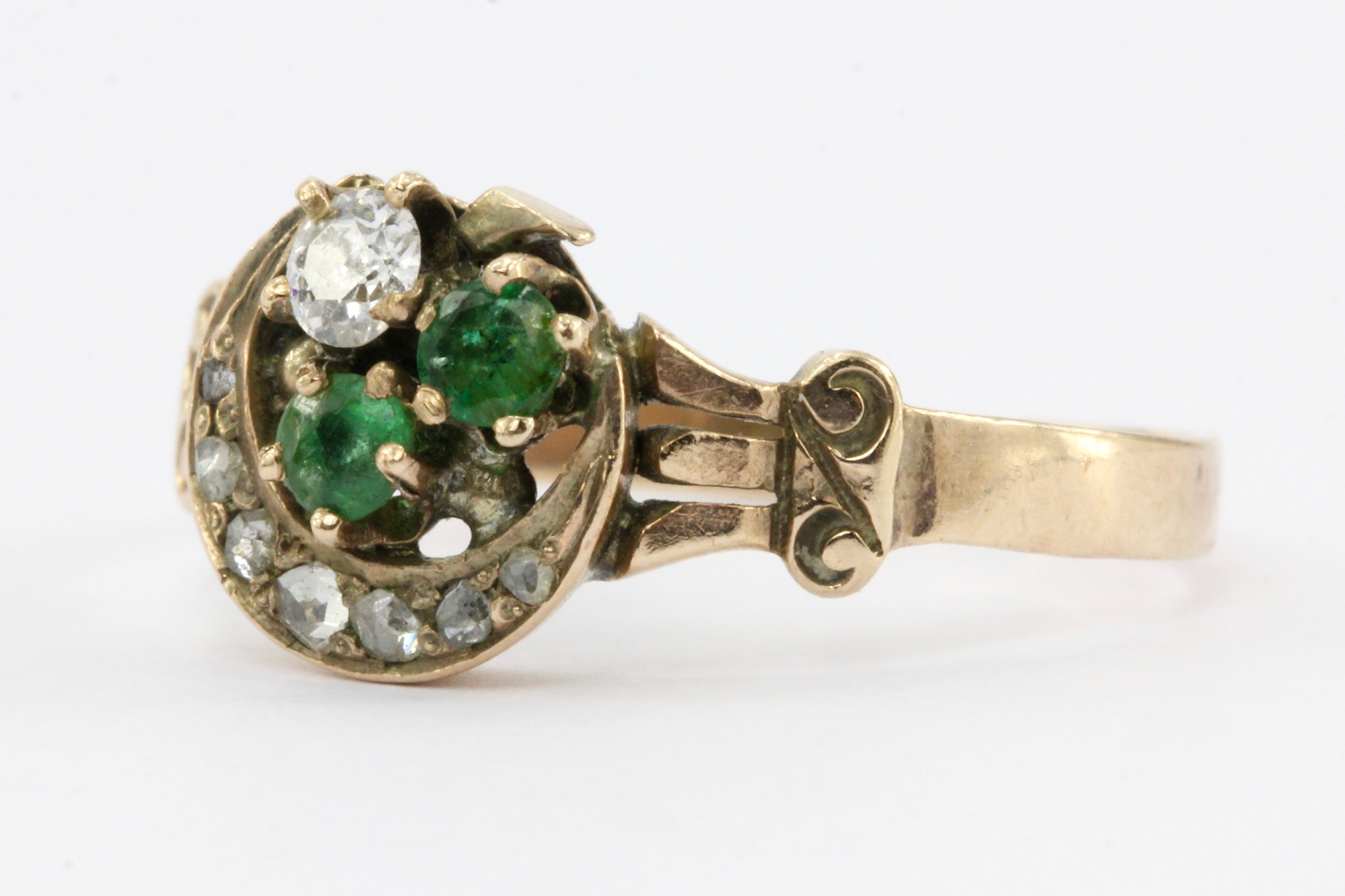 Victorian 10k Gold Diamond & Emerald Crescent Trefoil Ring c.1880's - Queen May