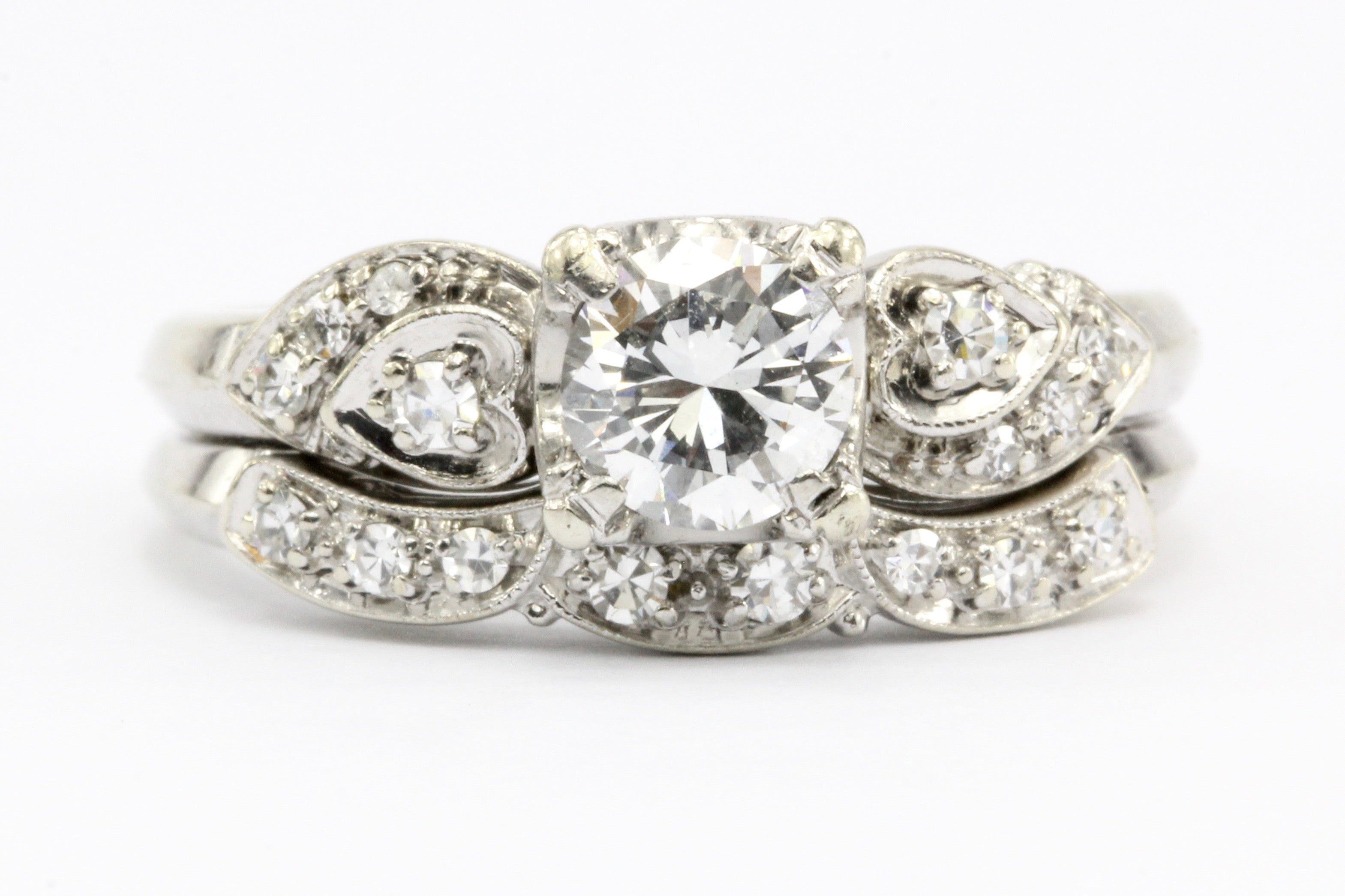 Retro Granat Bros 18K White Gold Diamond Engagement Ring & Band c.1950 - Queen May