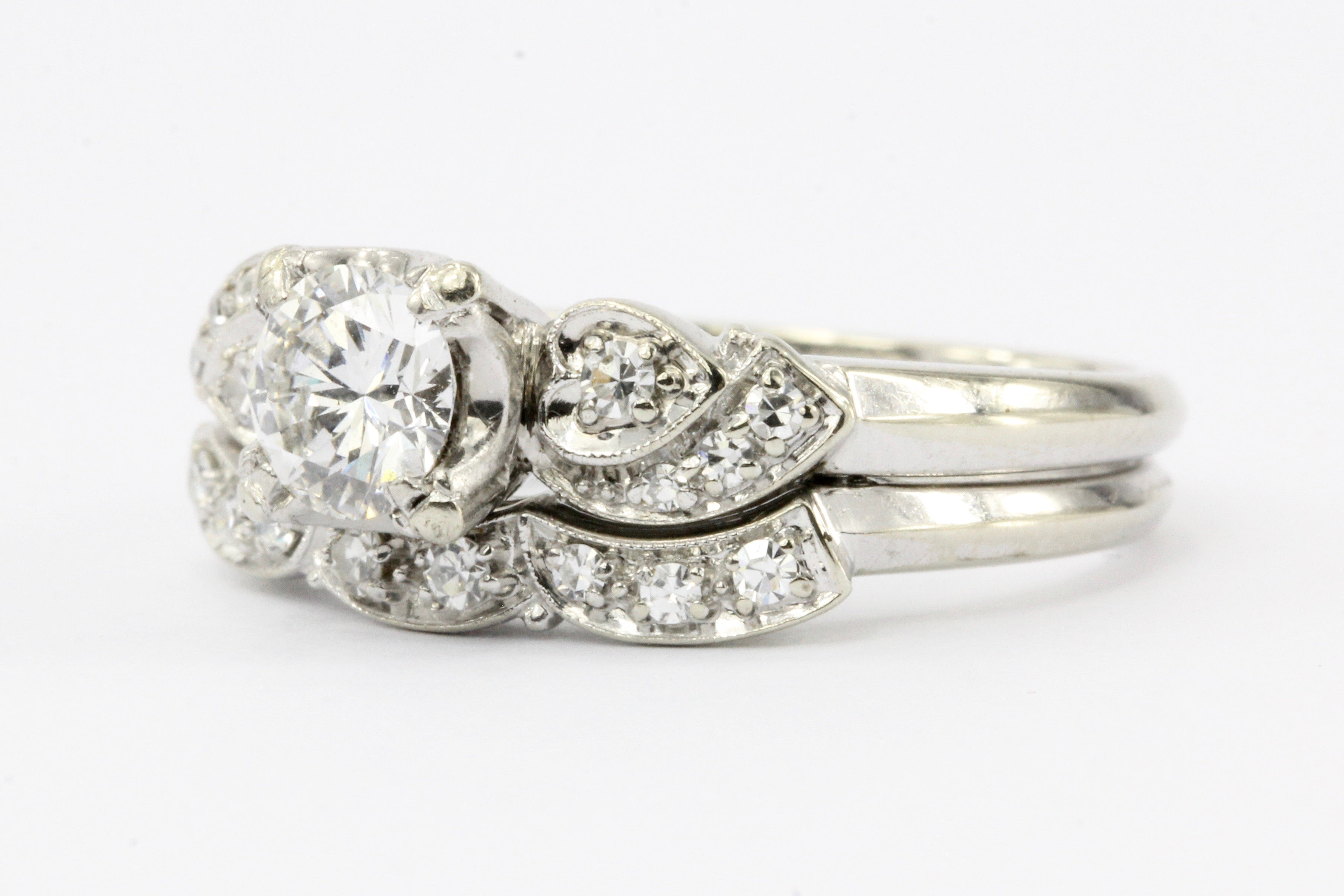 Retro Granat Bros 18K White Gold Diamond Engagement Ring & Band c.1950 - Queen May