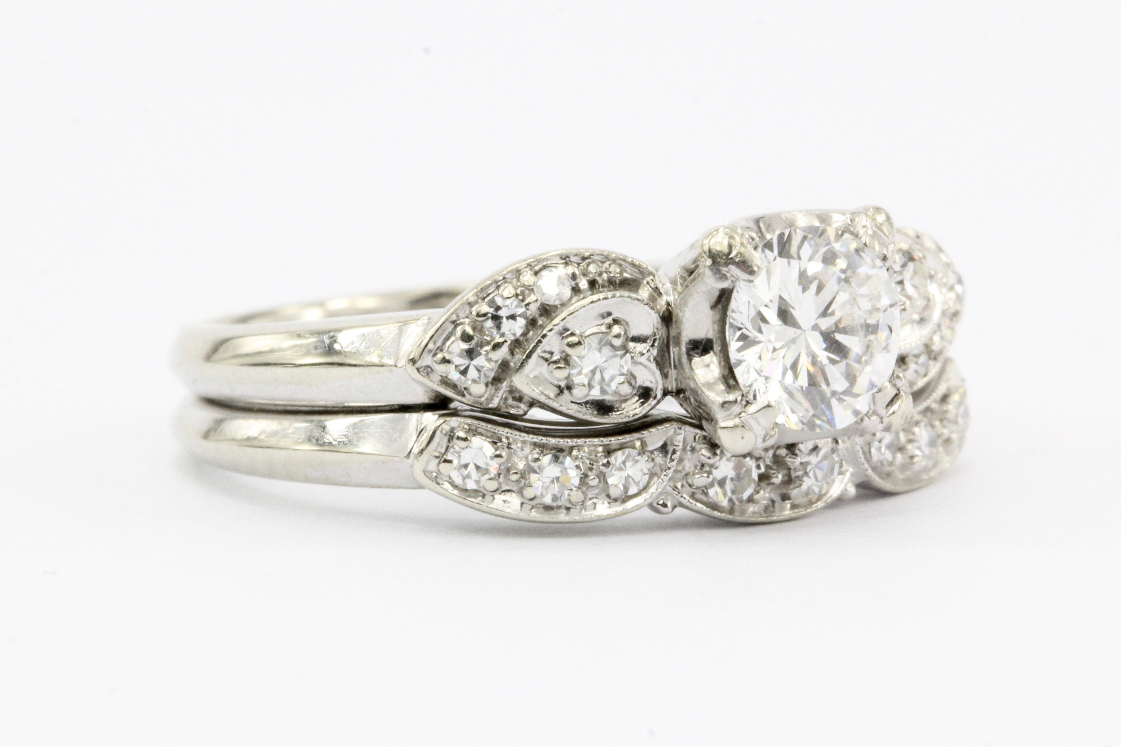 Retro Granat Bros 18K White Gold Diamond Engagement Ring & Band c.1950 - Queen May