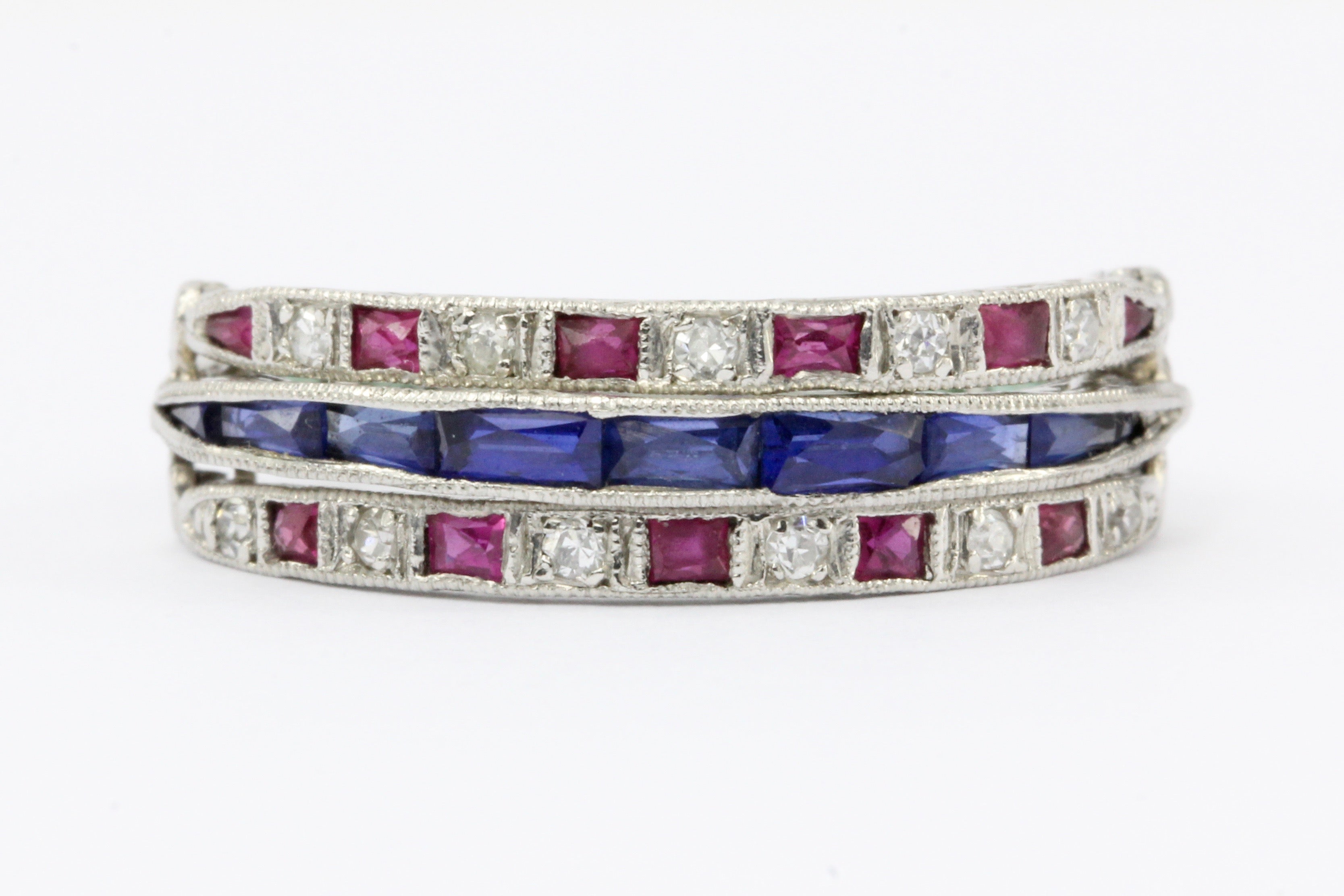 Art Deco Platinum Diamond Emerald Sapphire Ruby Flip Swivel Ring Eternity Band - Queen May