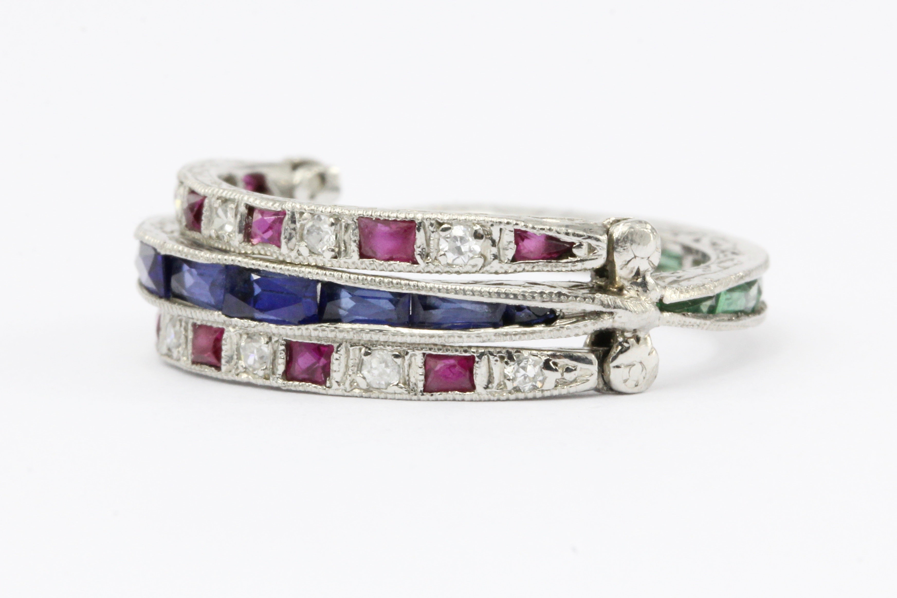 Art Deco Platinum Diamond Emerald Sapphire Ruby Flip Swivel Ring Eternity Band - Queen May