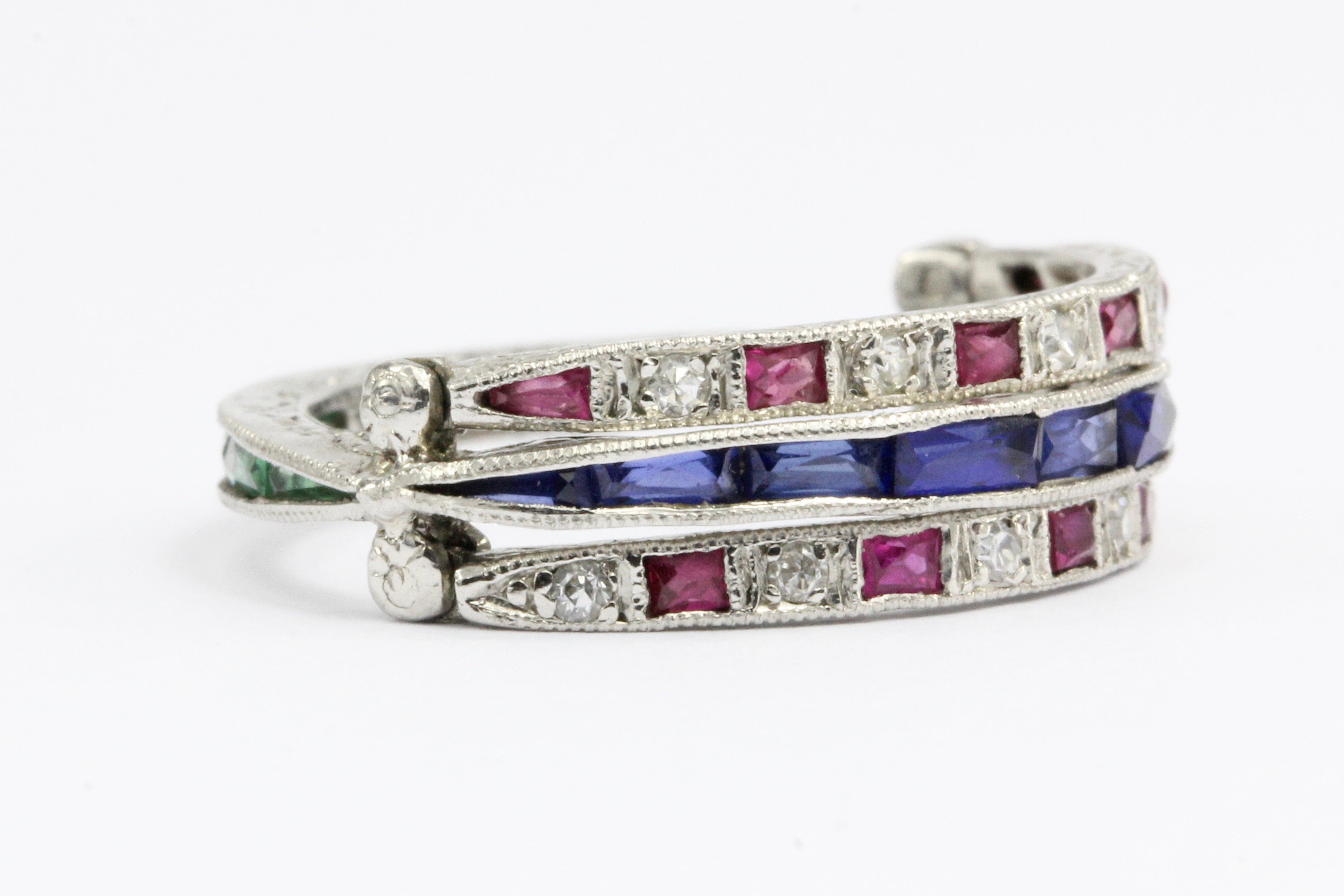 Art Deco Platinum Diamond Emerald Sapphire Ruby Flip Swivel Ring Eternity Band - Queen May