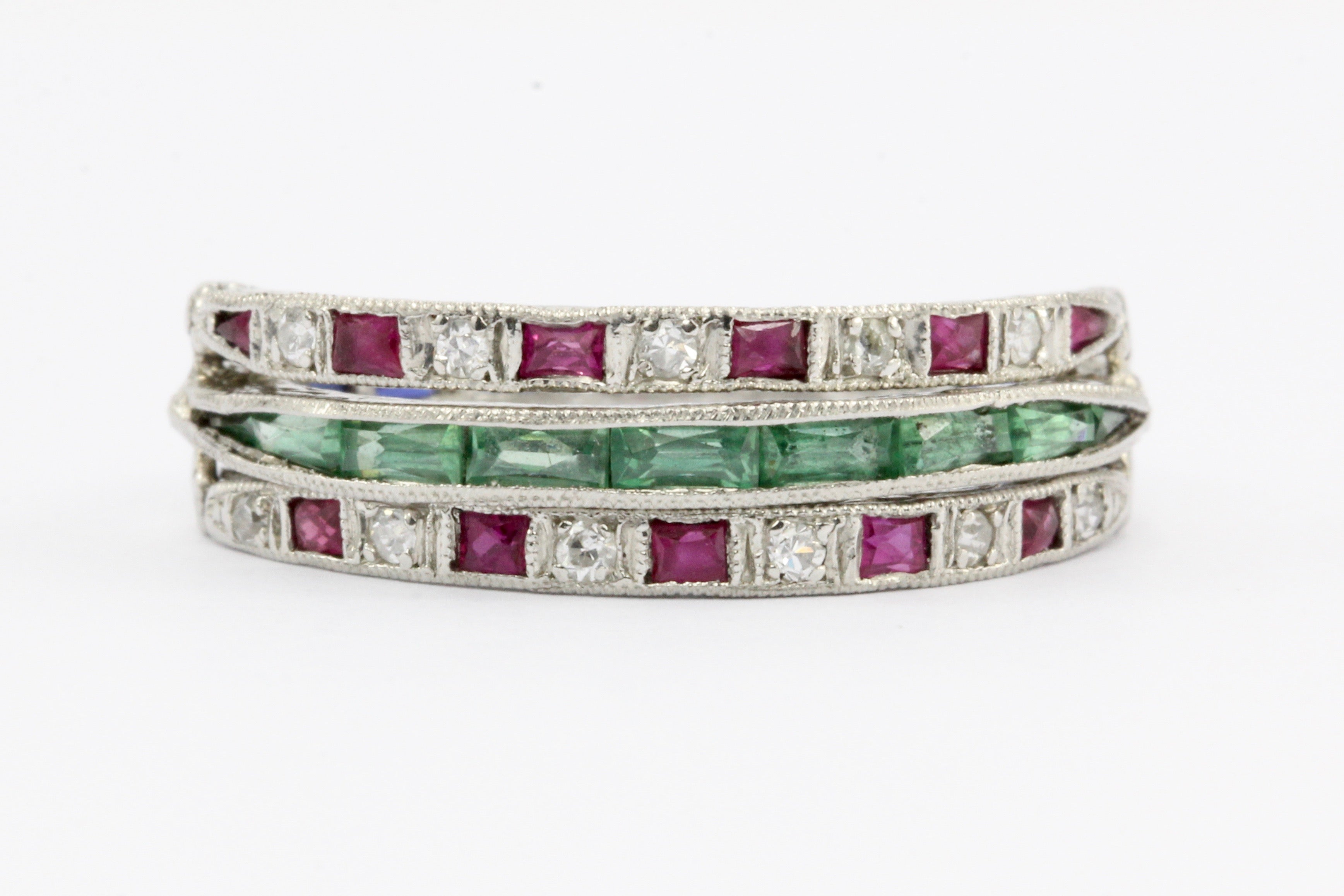 Art Deco Platinum Diamond Emerald Sapphire Ruby Flip Swivel Ring Eternity Band - Queen May