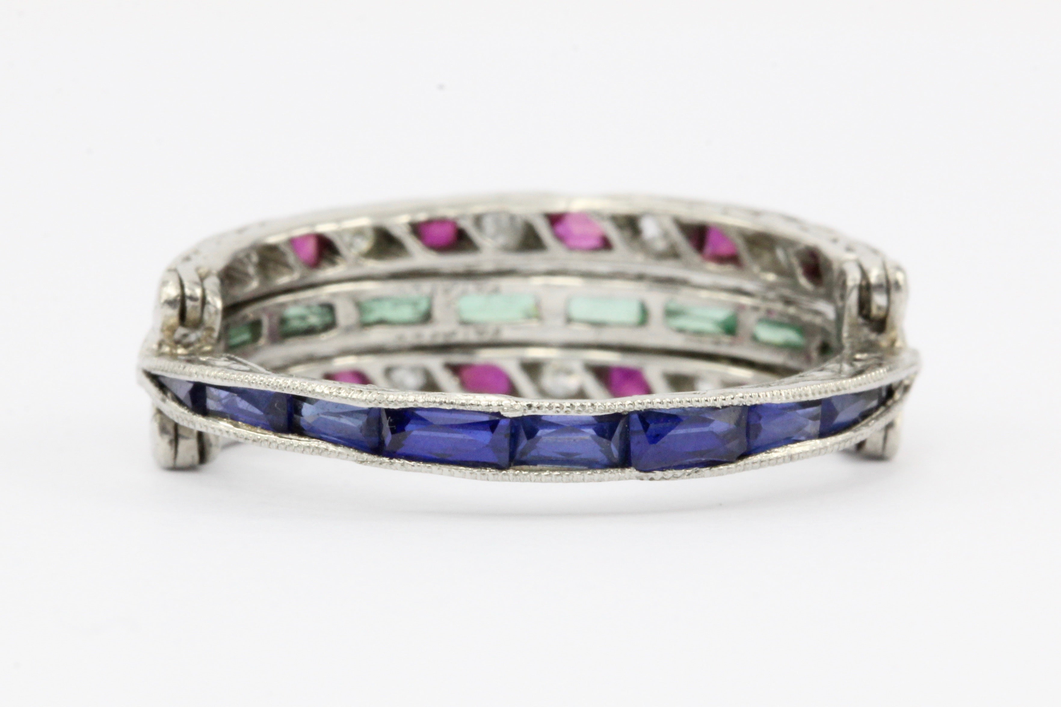 Art Deco Platinum Diamond Emerald Sapphire Ruby Flip Swivel Ring Eternity Band - Queen May