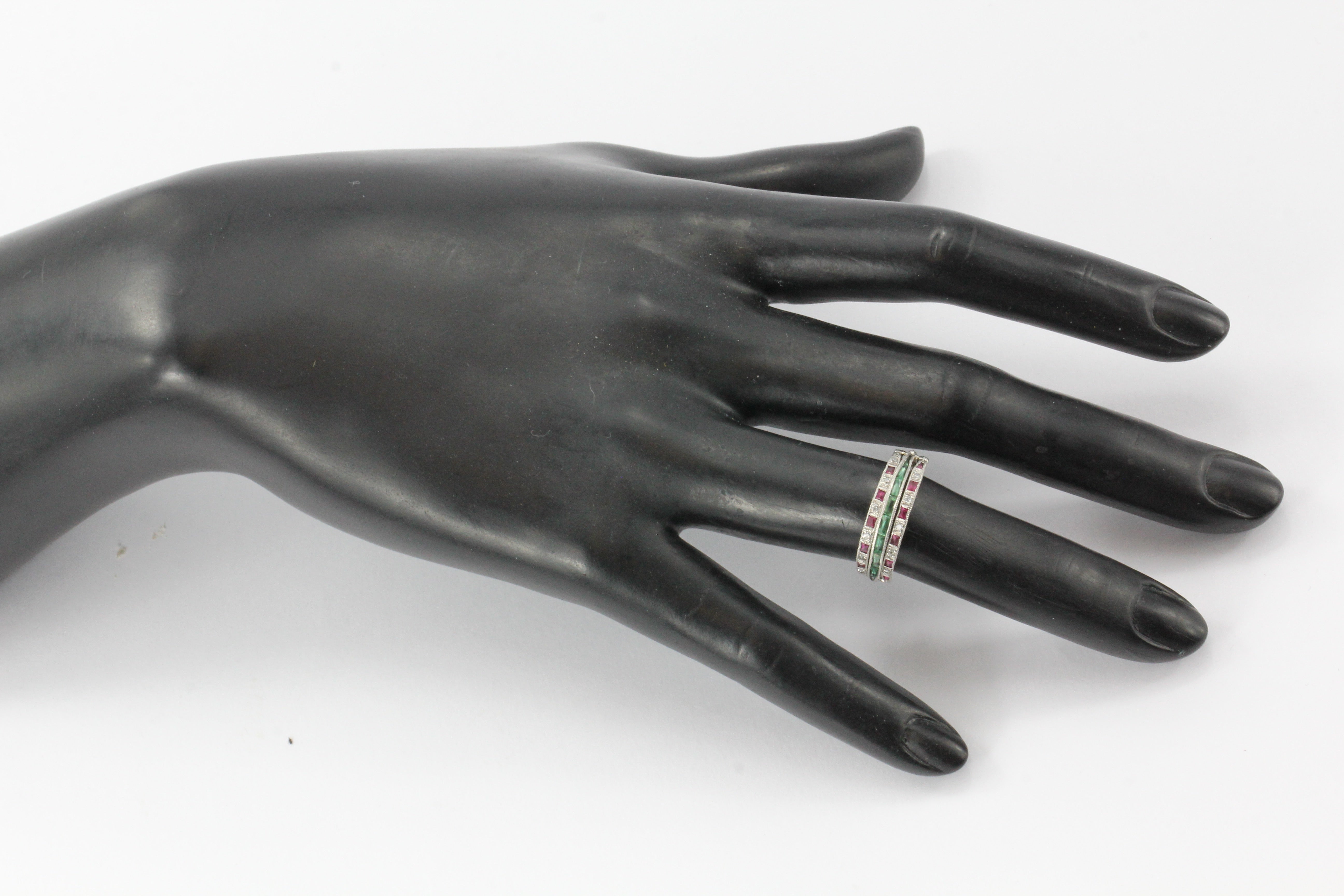 Art Deco Platinum Diamond Emerald Sapphire Ruby Flip Swivel Ring Eternity Band - Queen May