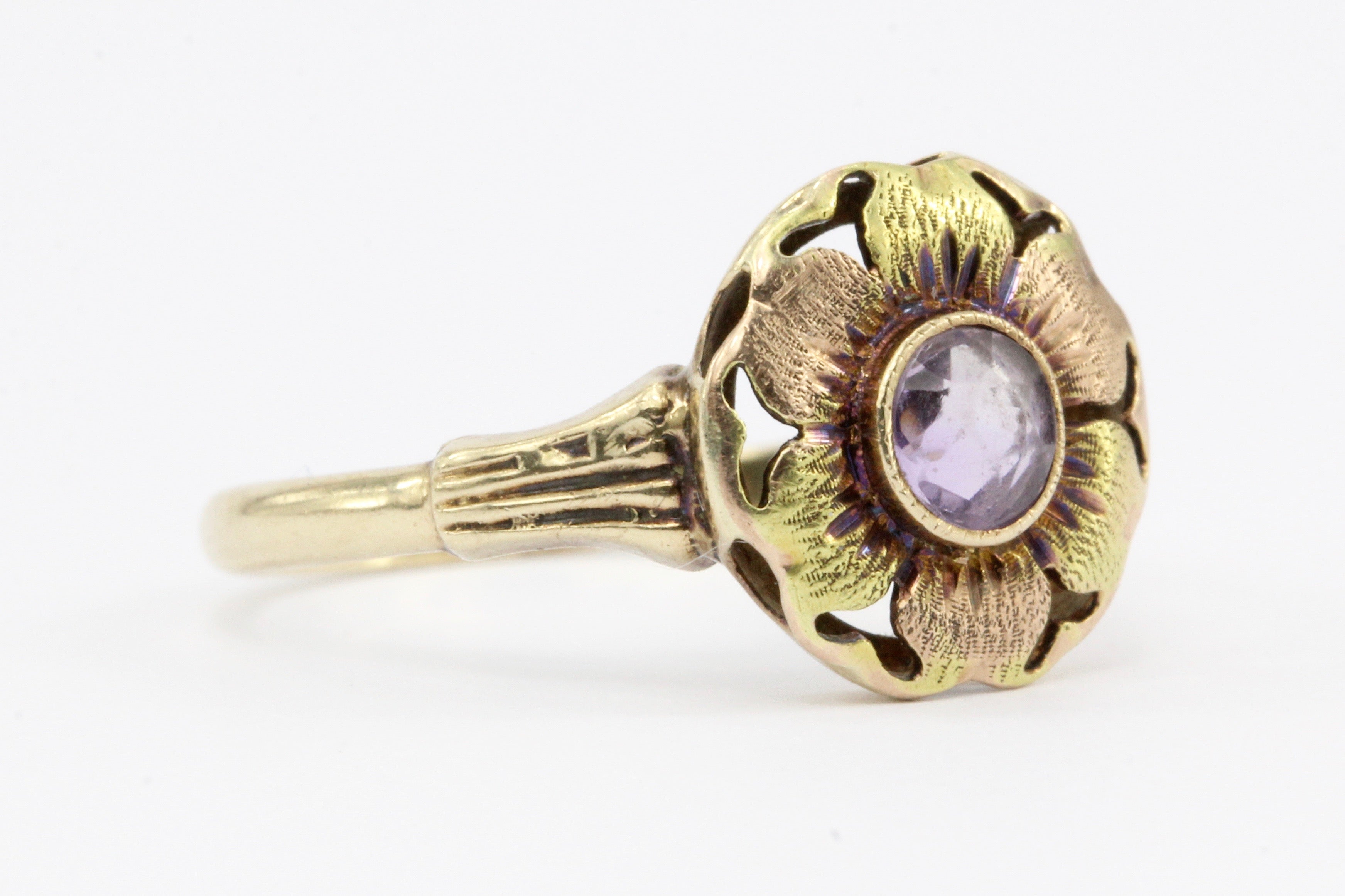 Art Deco ESEMCO 10K Rose & Green Gold Amethyst Flower Ring c.1920's - Queen May