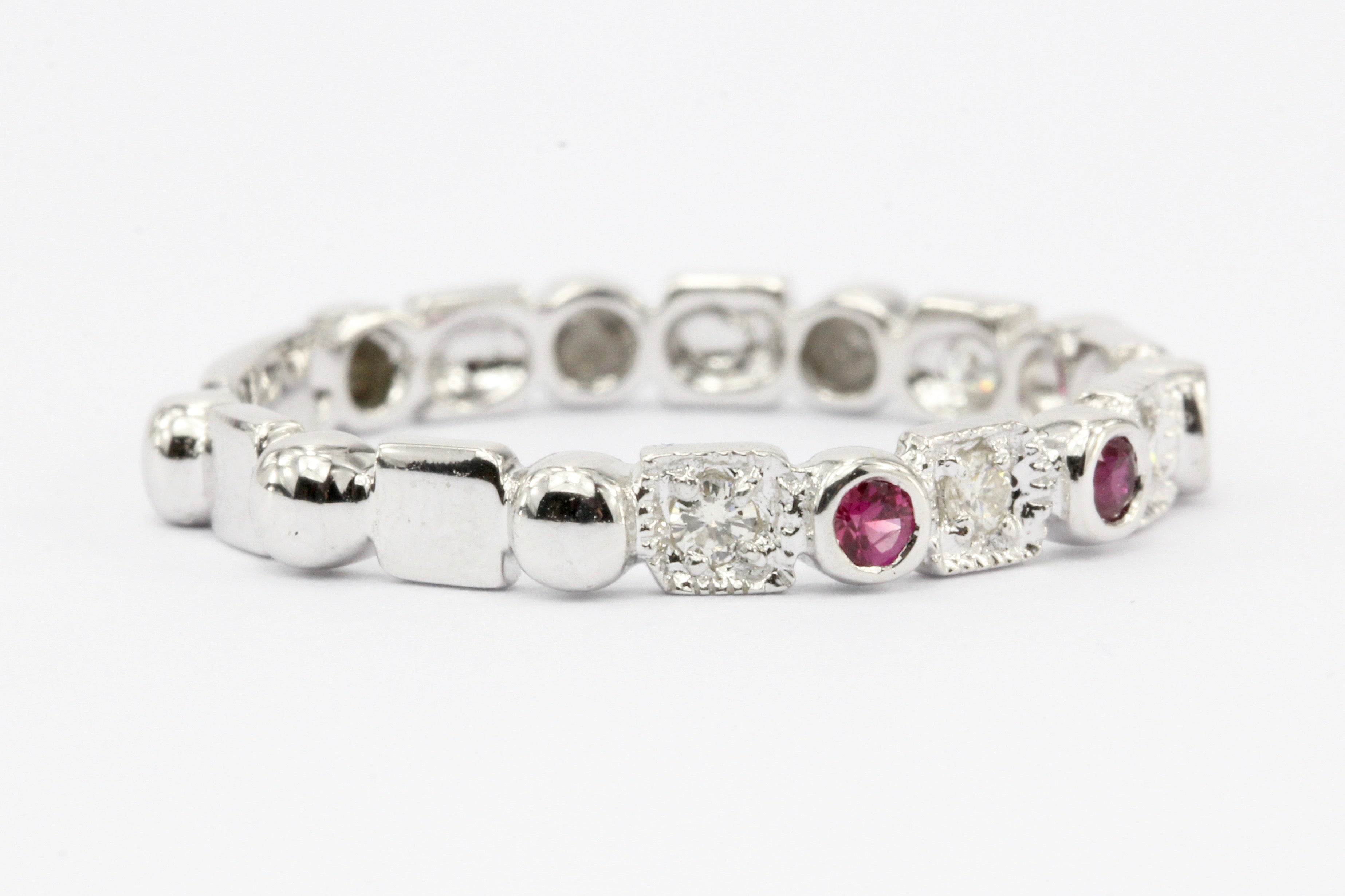 14K White Gold Diamond & Ruby Half Eternity Band Ring - Queen May