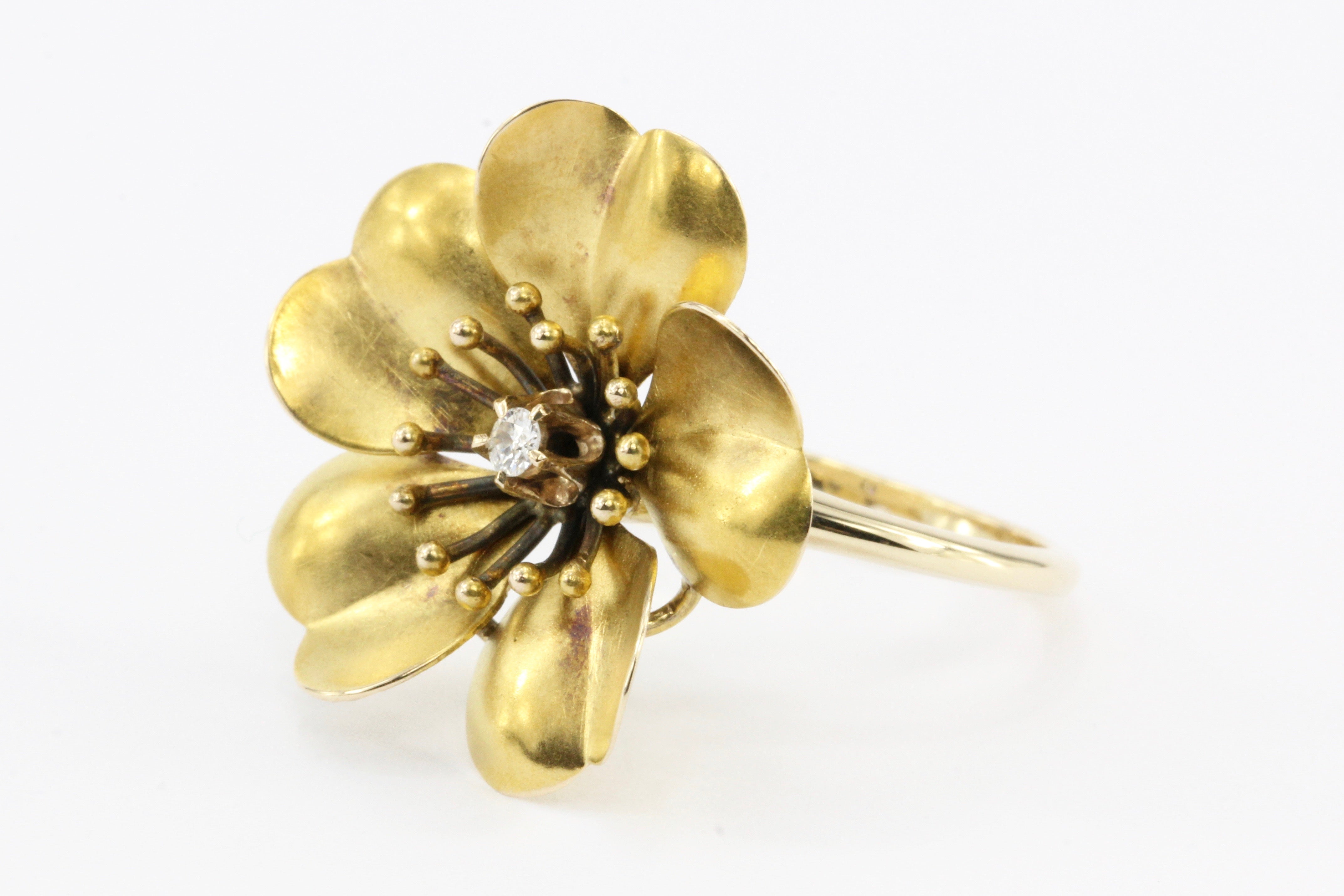 Victorian 10K Gold Old European Cut Diamond Flower Ring - Queen May