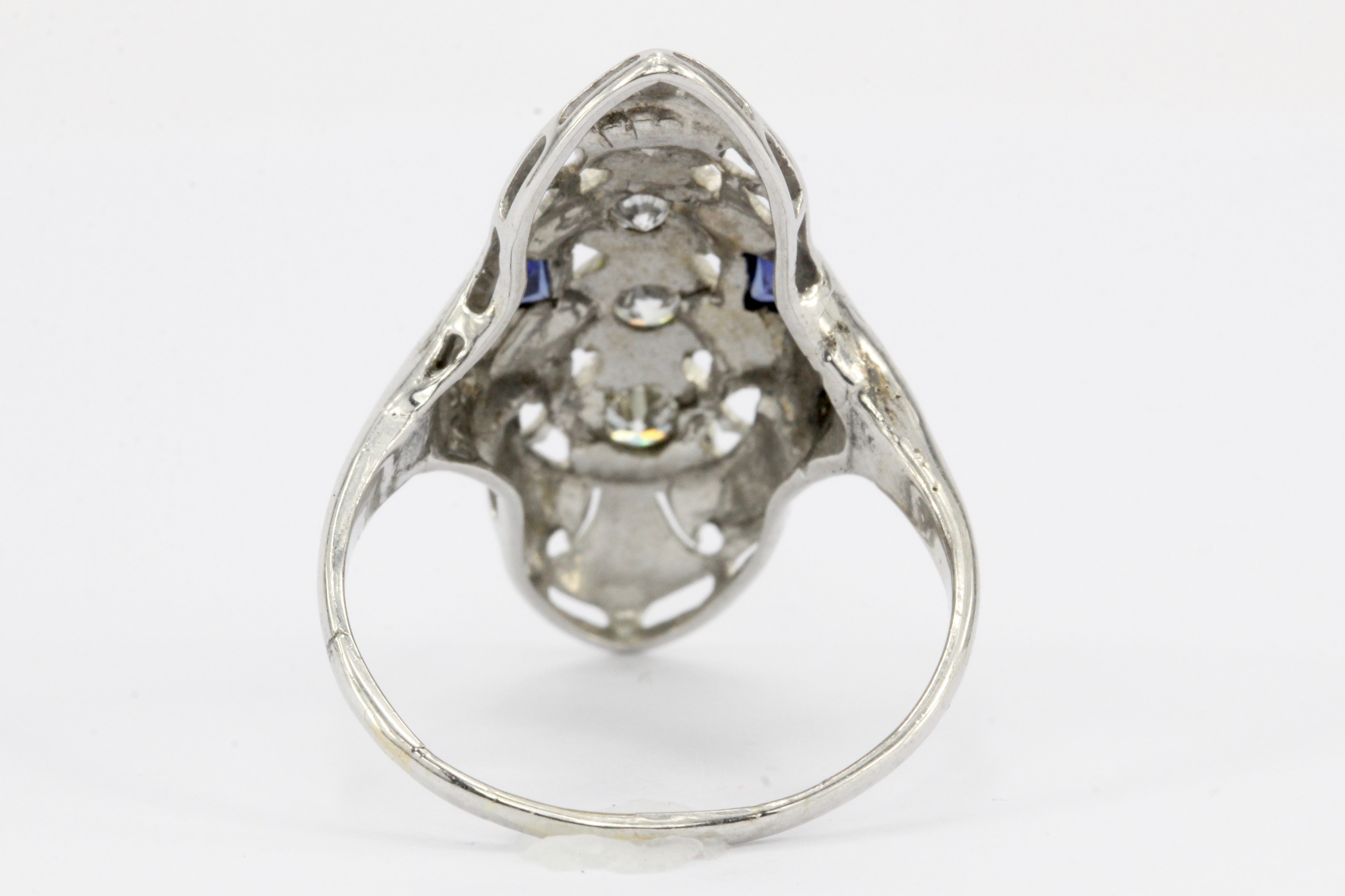Art Deco 14K White Gold 4 Stone Diamond & Sapphire Shield Ring c.1930's - Queen May