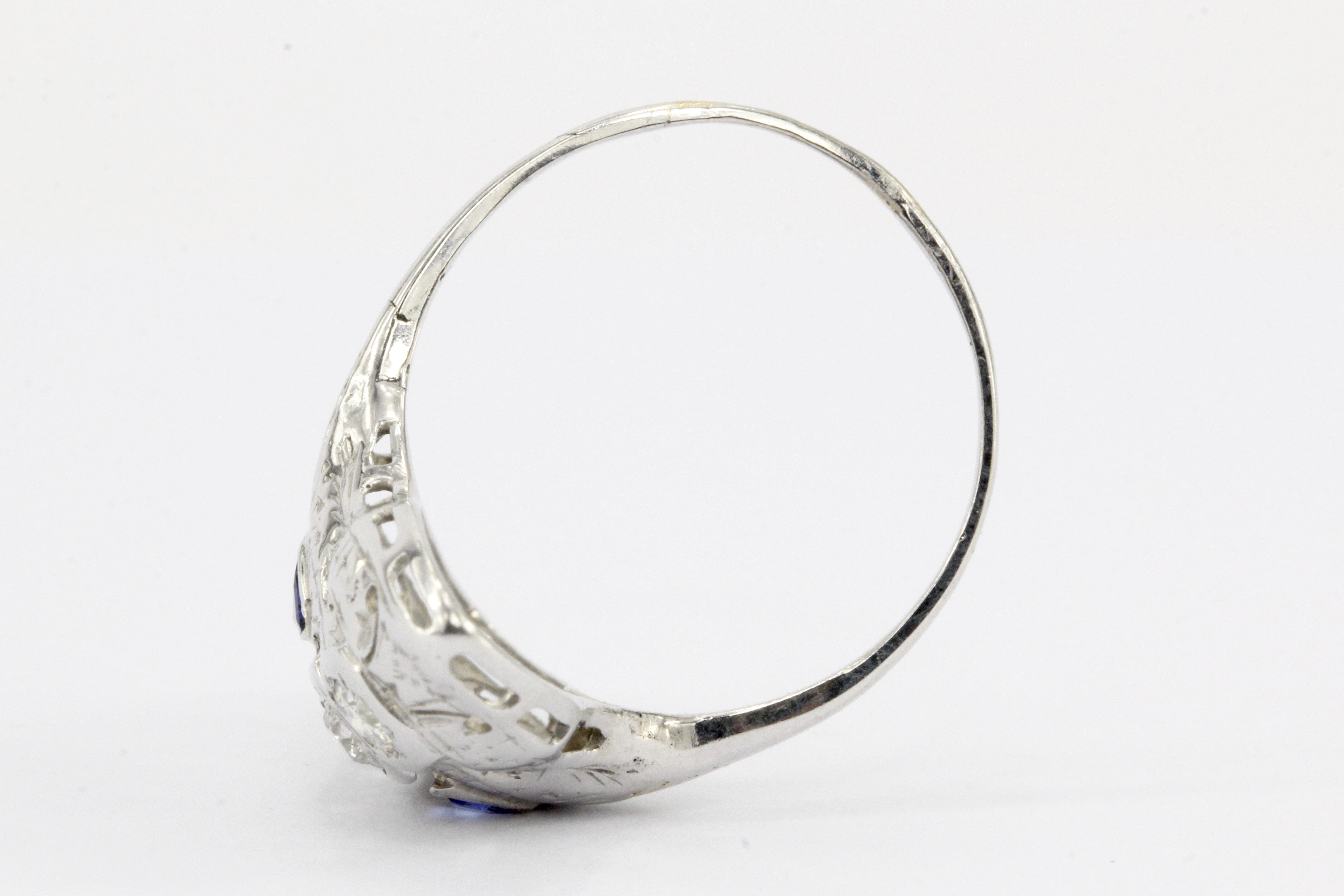 Art Deco 14K White Gold 4 Stone Diamond & Sapphire Shield Ring c.1930's - Queen May