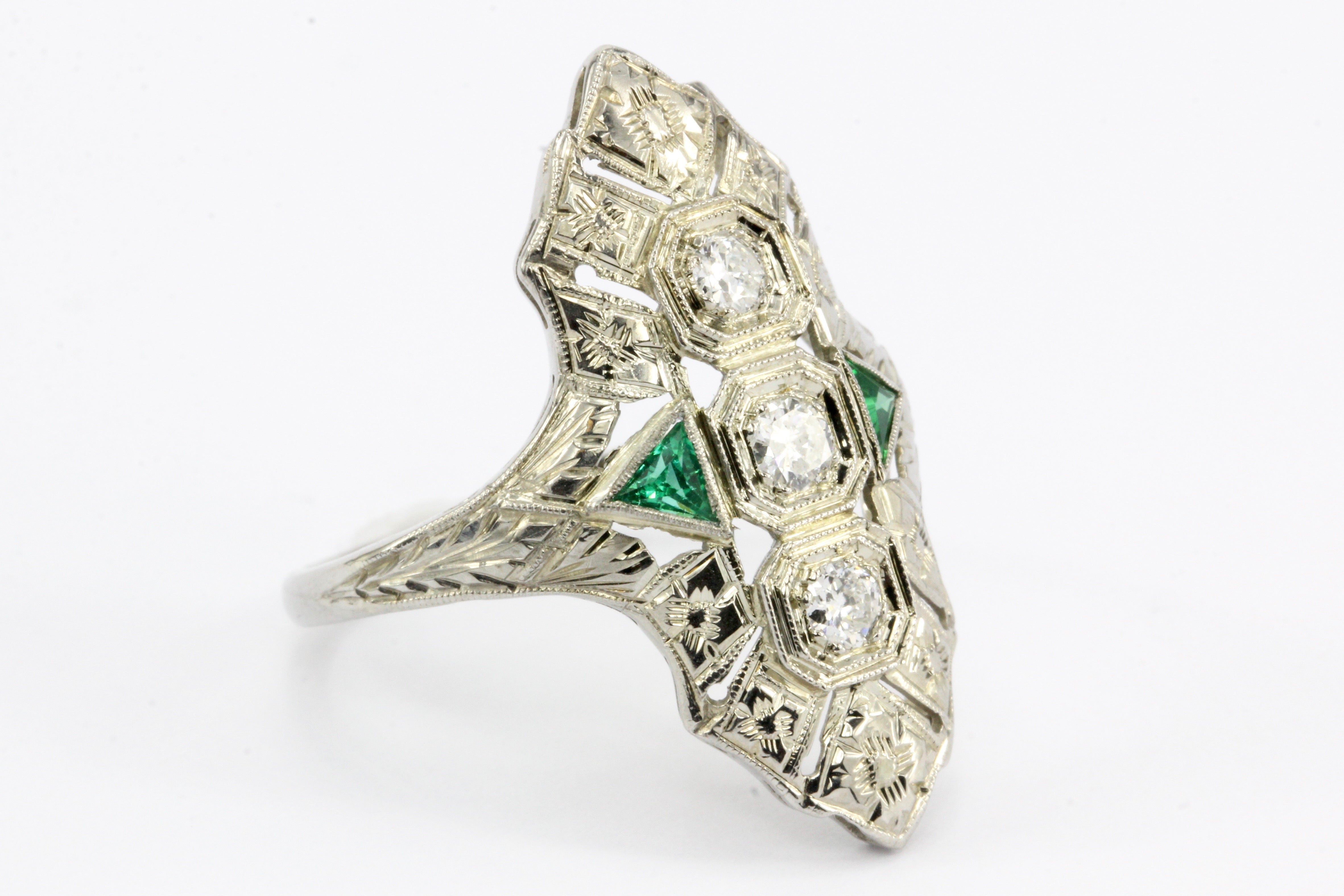 Art Deco 18K White Gold Diamond & Emerald 3 Stone Ring c.1930's - Queen May