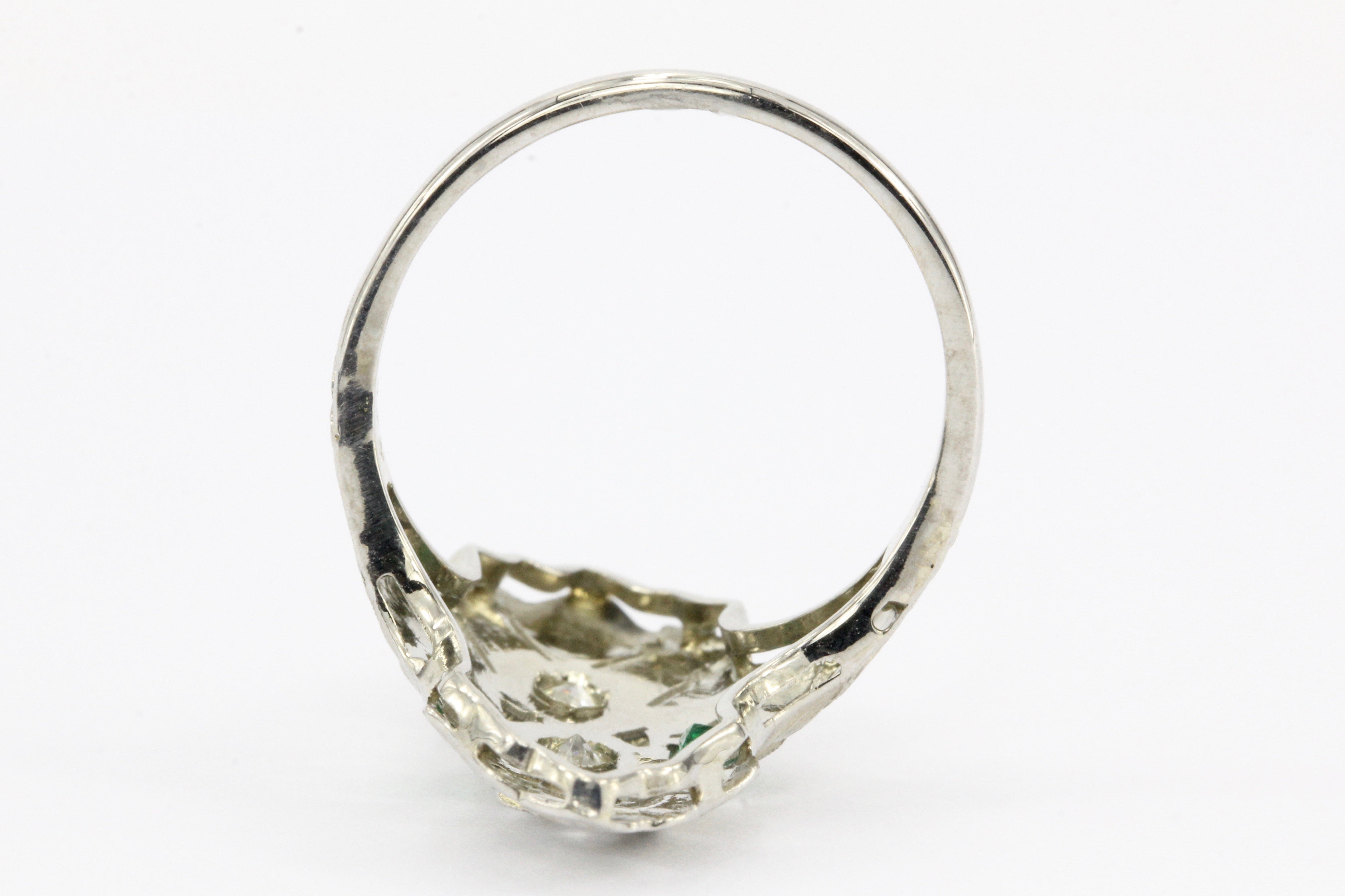 Art Deco 18K White Gold Diamond & Emerald 3 Stone Ring c.1930's - Queen May