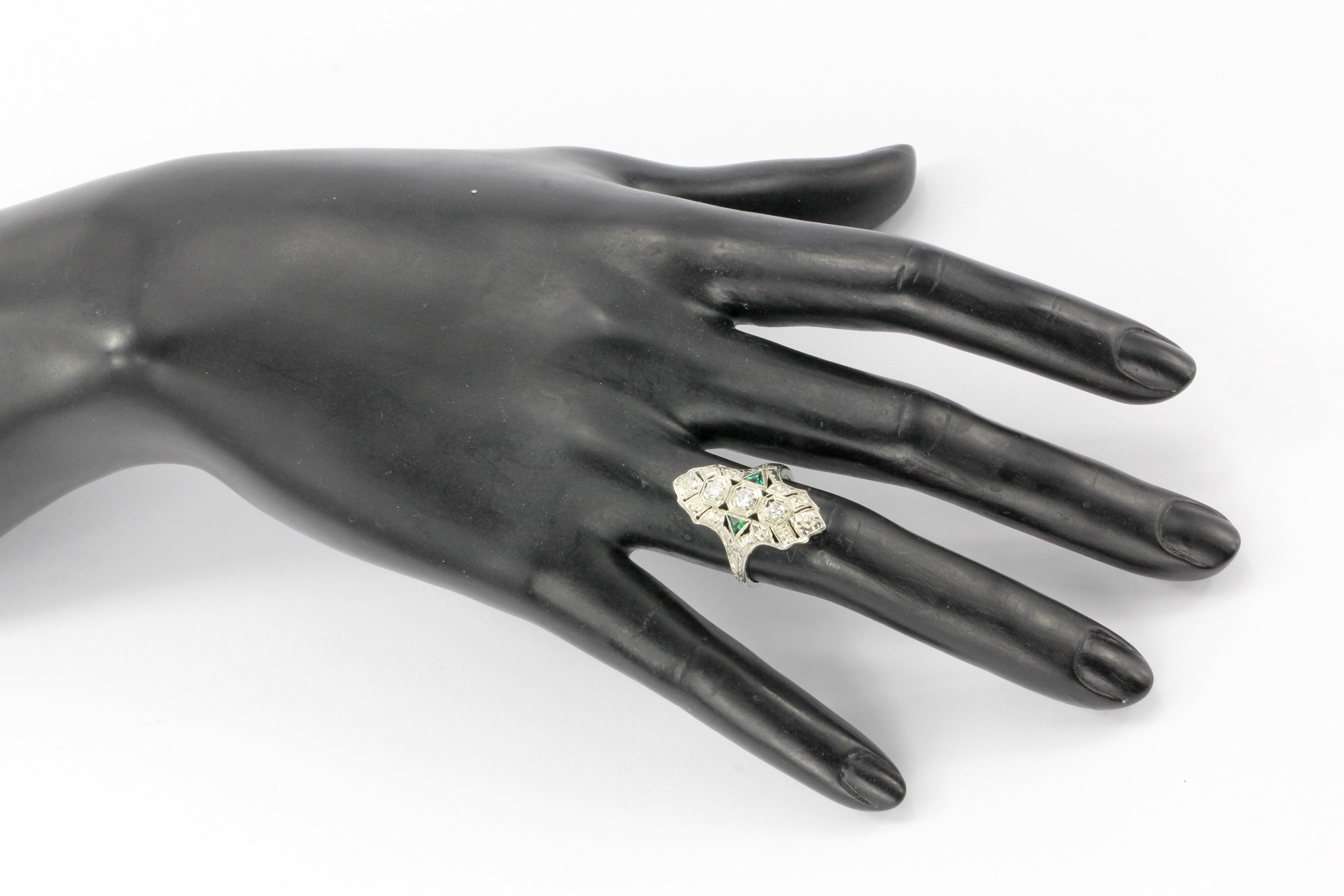 Art Deco 18K White Gold Diamond & Emerald 3 Stone Ring c.1930's - Queen May