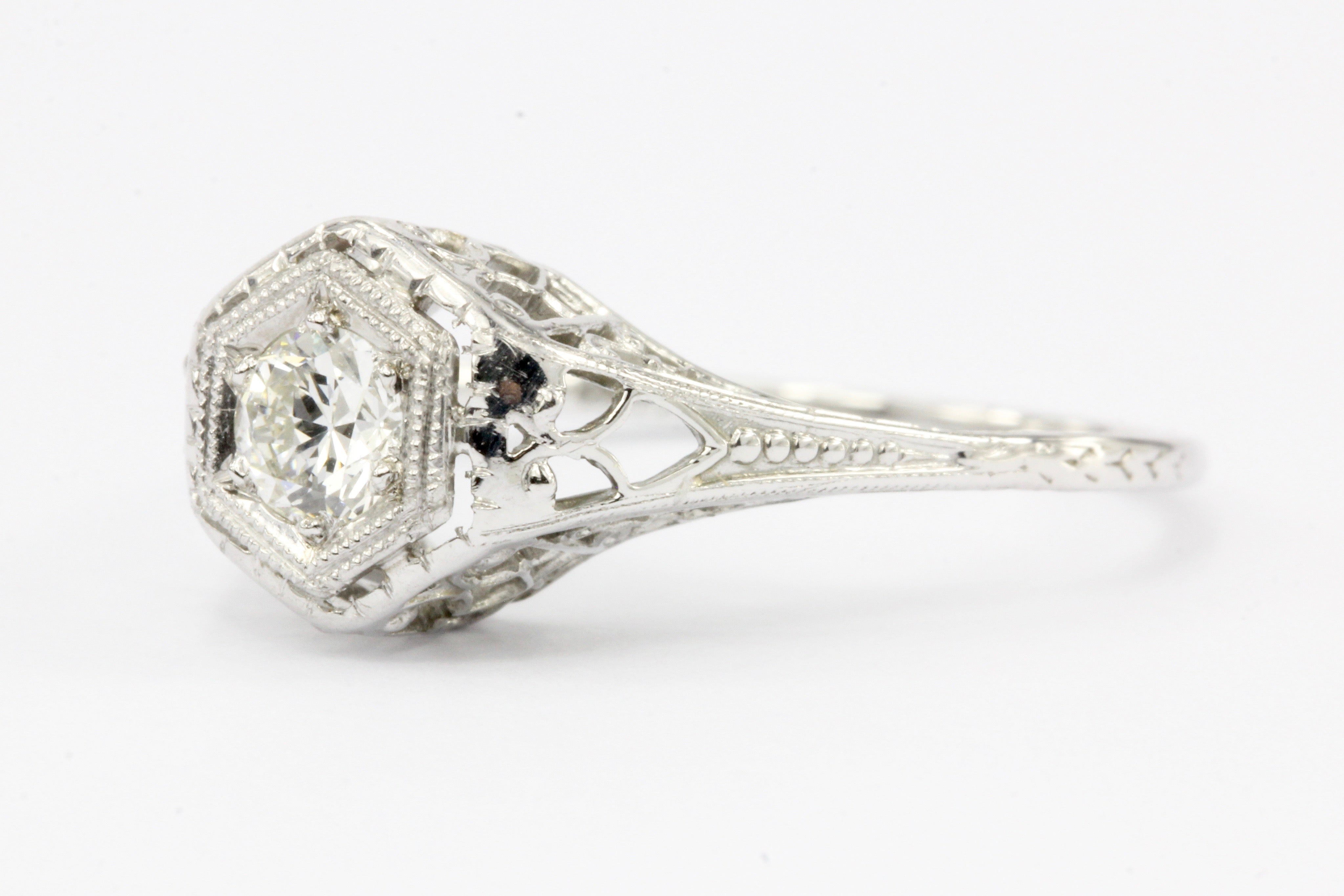 Art Deco 18K White Gold Belais Old European Cut Diamond Engagement Ring 1920's - Queen May