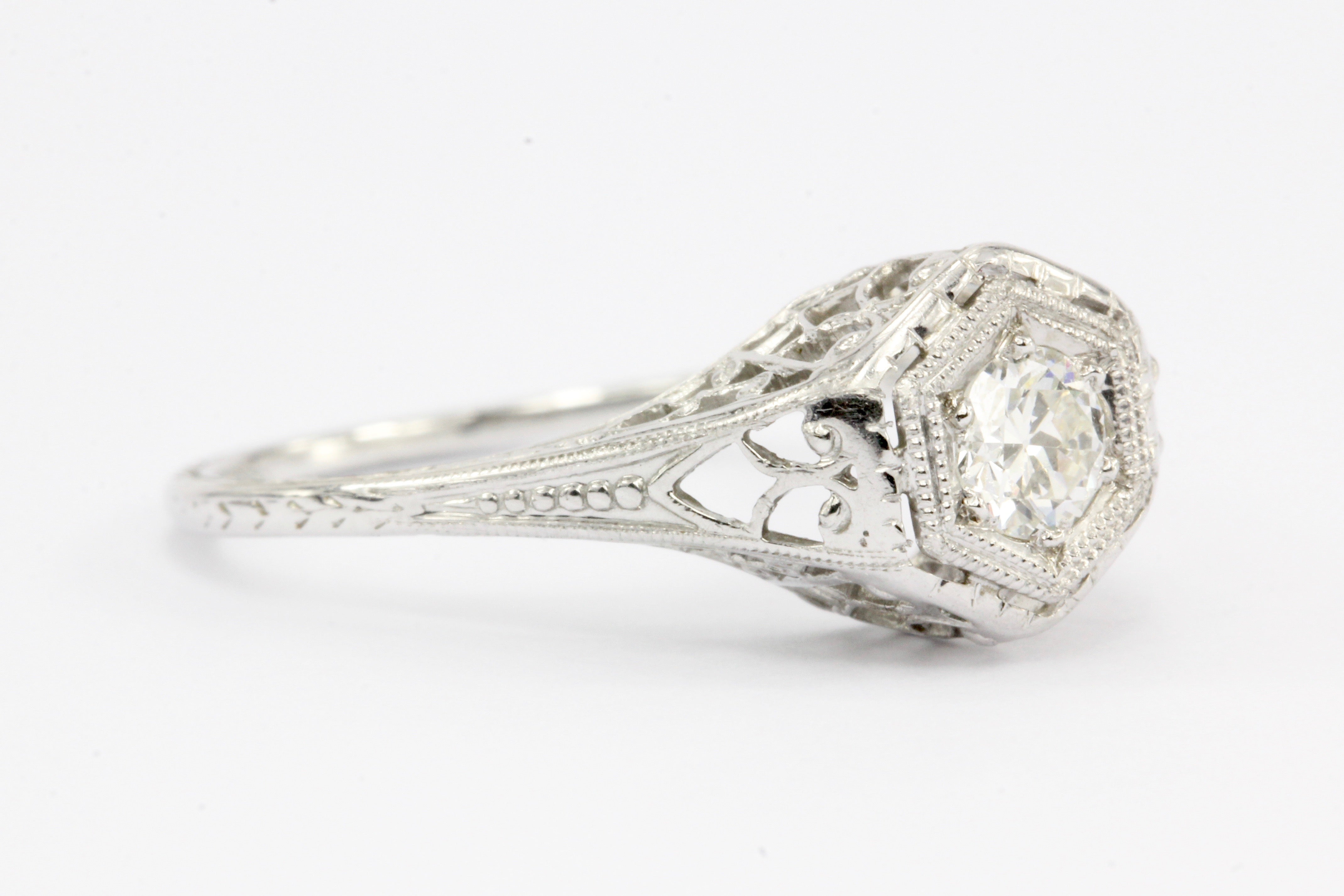 Art Deco 18K White Gold Belais Old European Cut Diamond Engagement Ring 1920's - Queen May