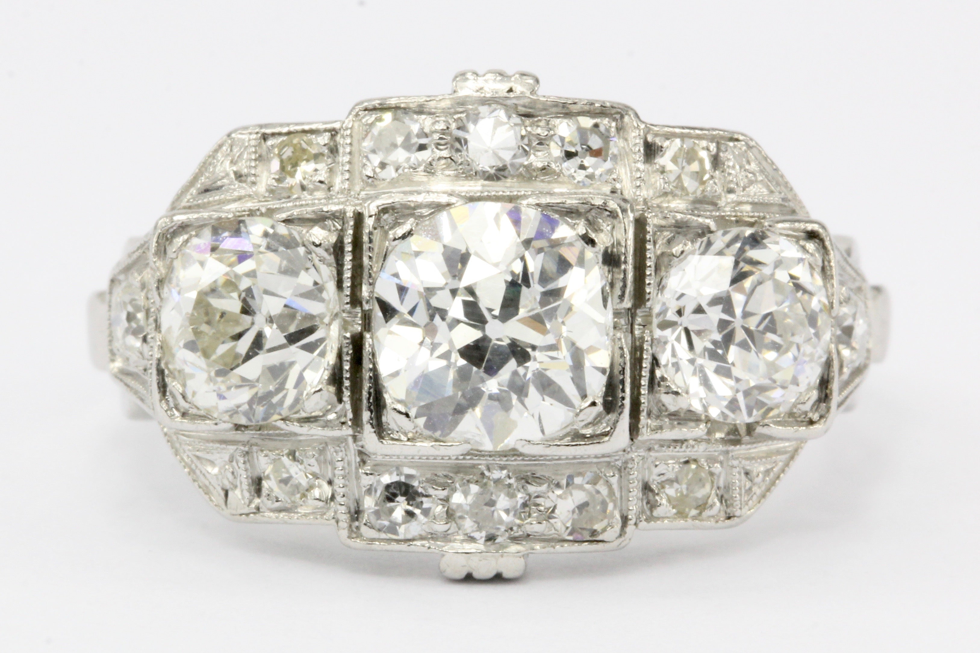 Art Deco Platinum Old European Cut Diamond 3 Stone Cluster Ring c.1920's - Queen May