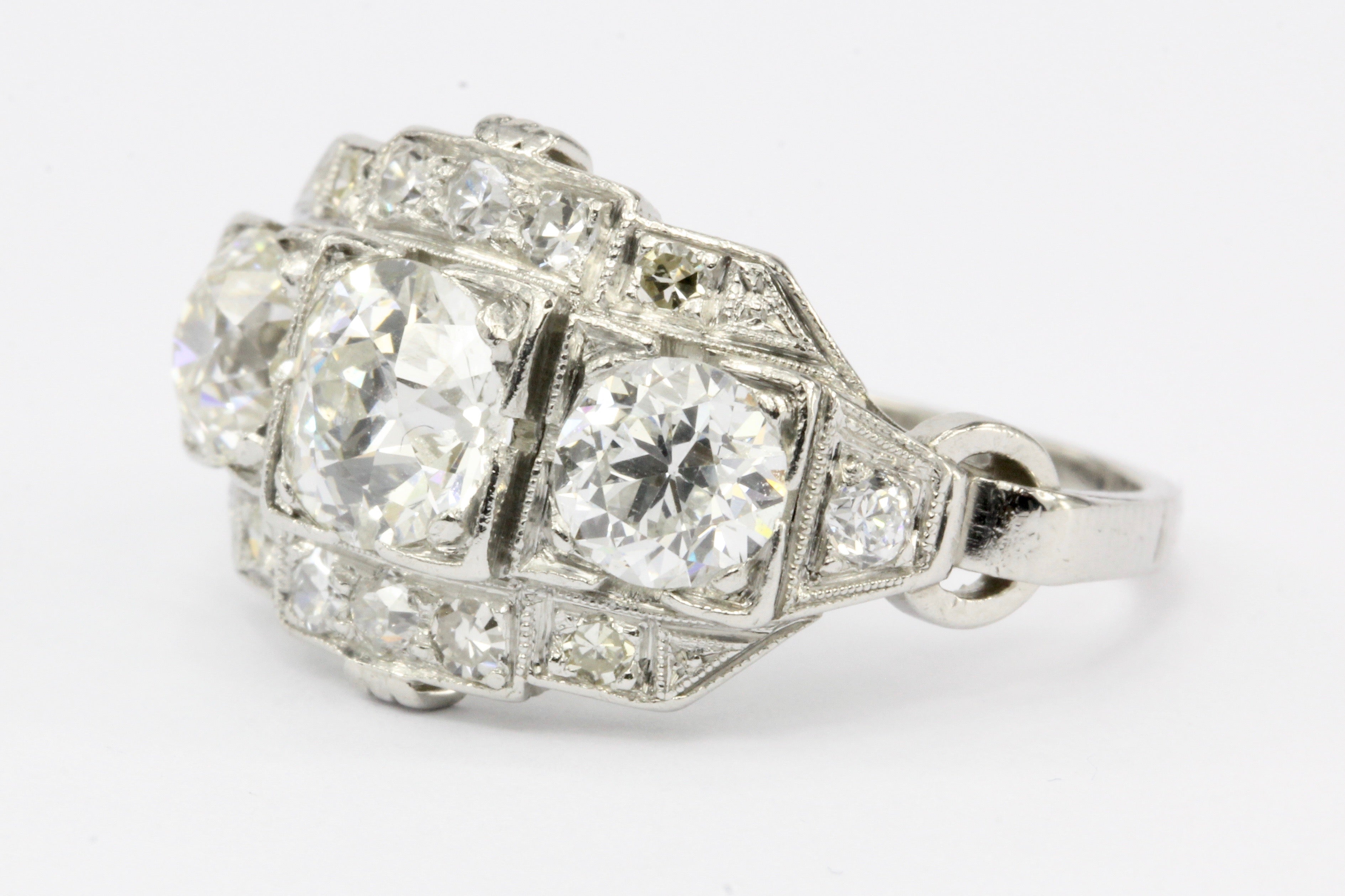 Art Deco Platinum Old European Cut Diamond 3 Stone Cluster Ring c.1920's - Queen May