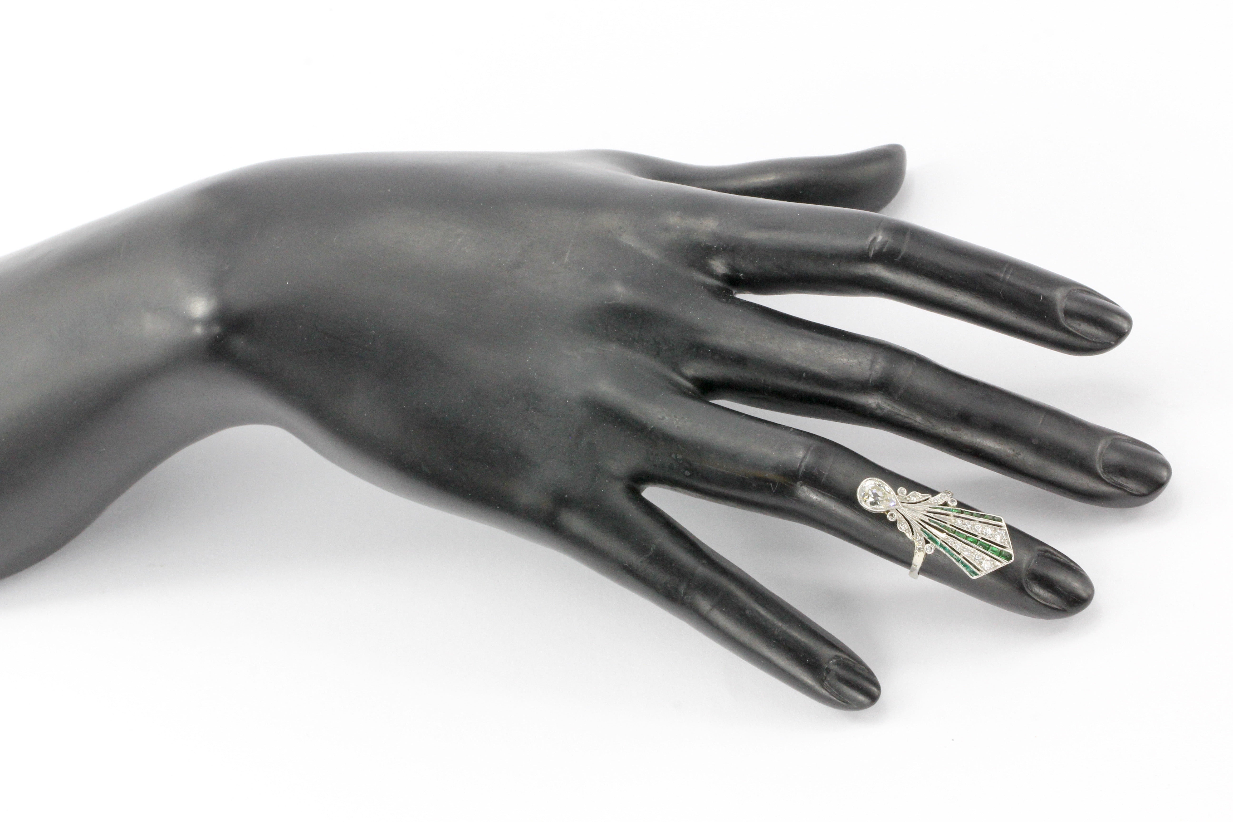 Art Deco 14K White Gold Diamond & Emerald Fan Ring c.1920's - Queen May