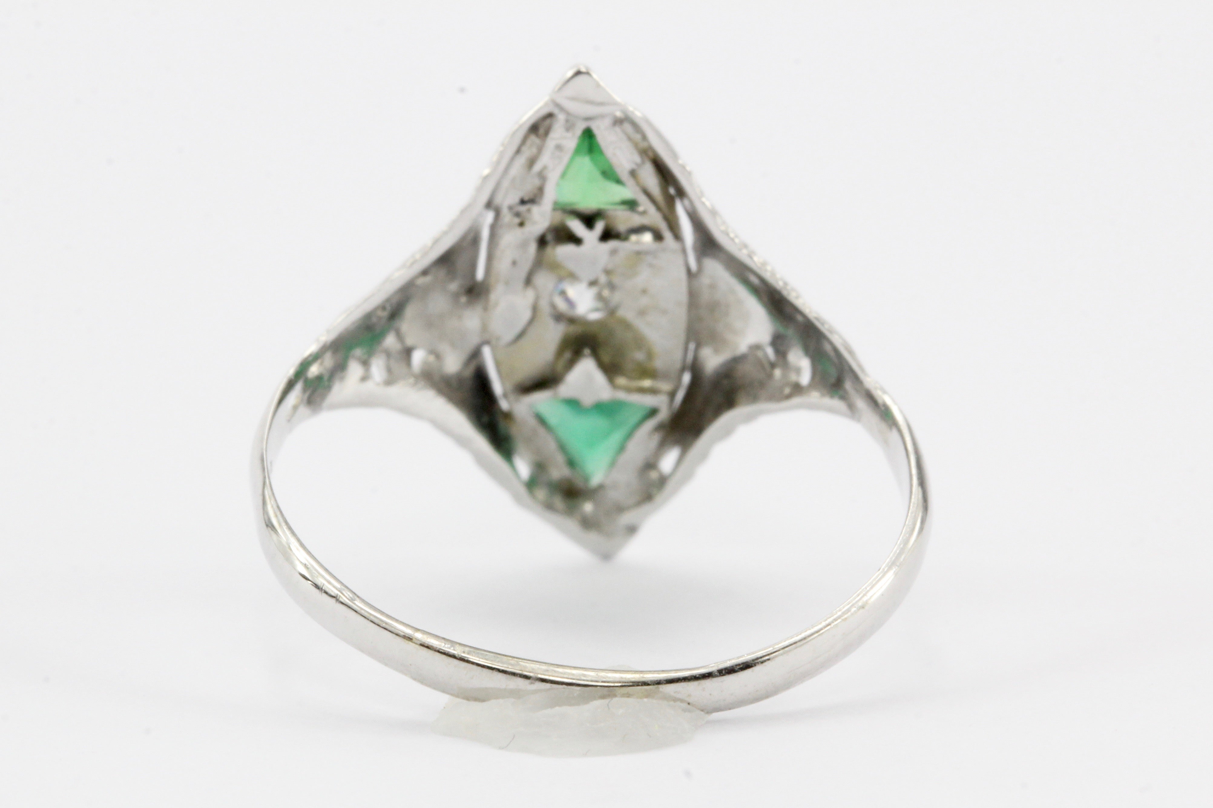 Art Deco 14K White Gold Diamond & Emerald Ring c.1920's - Queen May