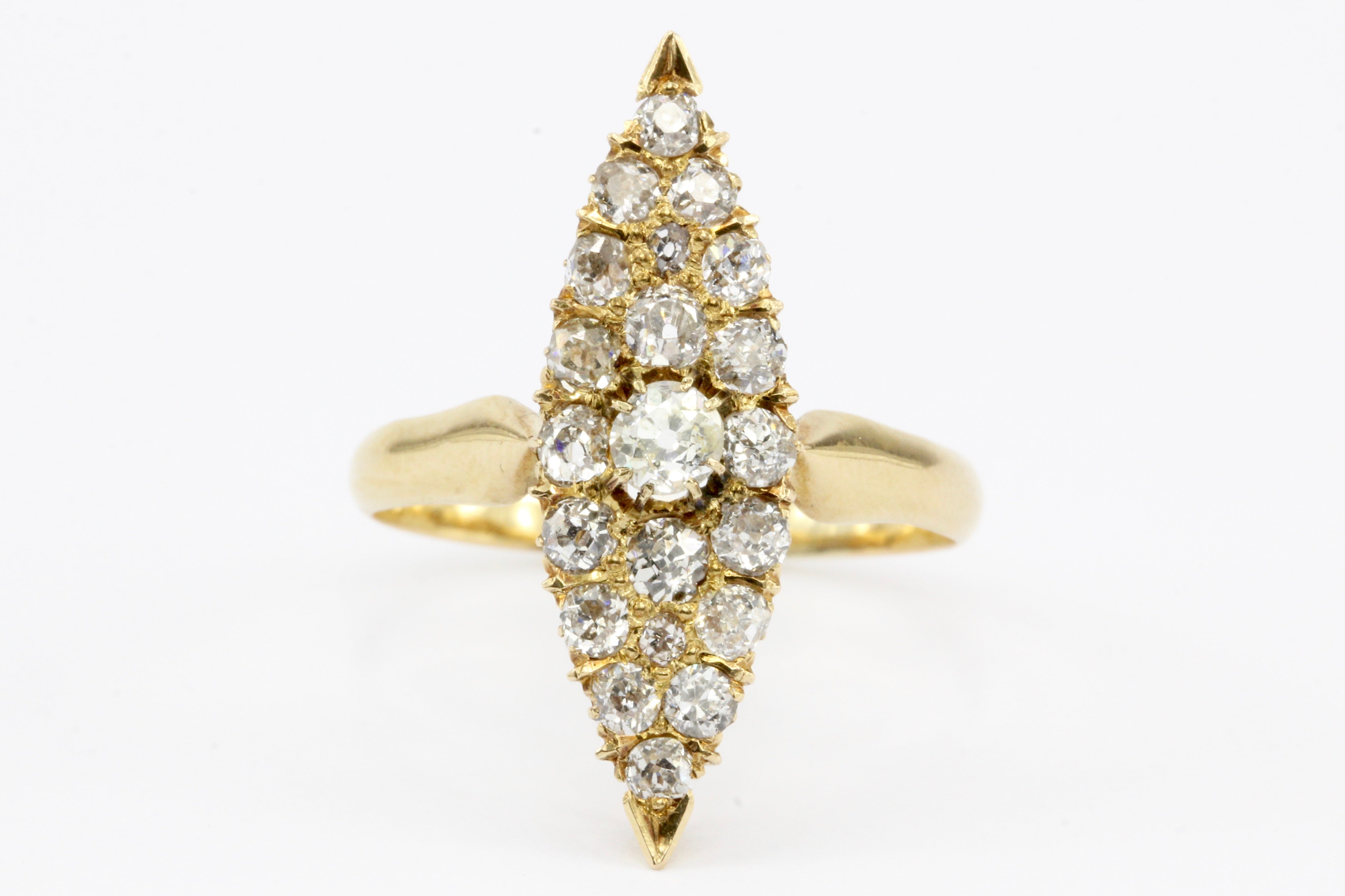 Victorian 18K Gold Old European Cut Diamond Navette Ring c.1890 - Queen May
