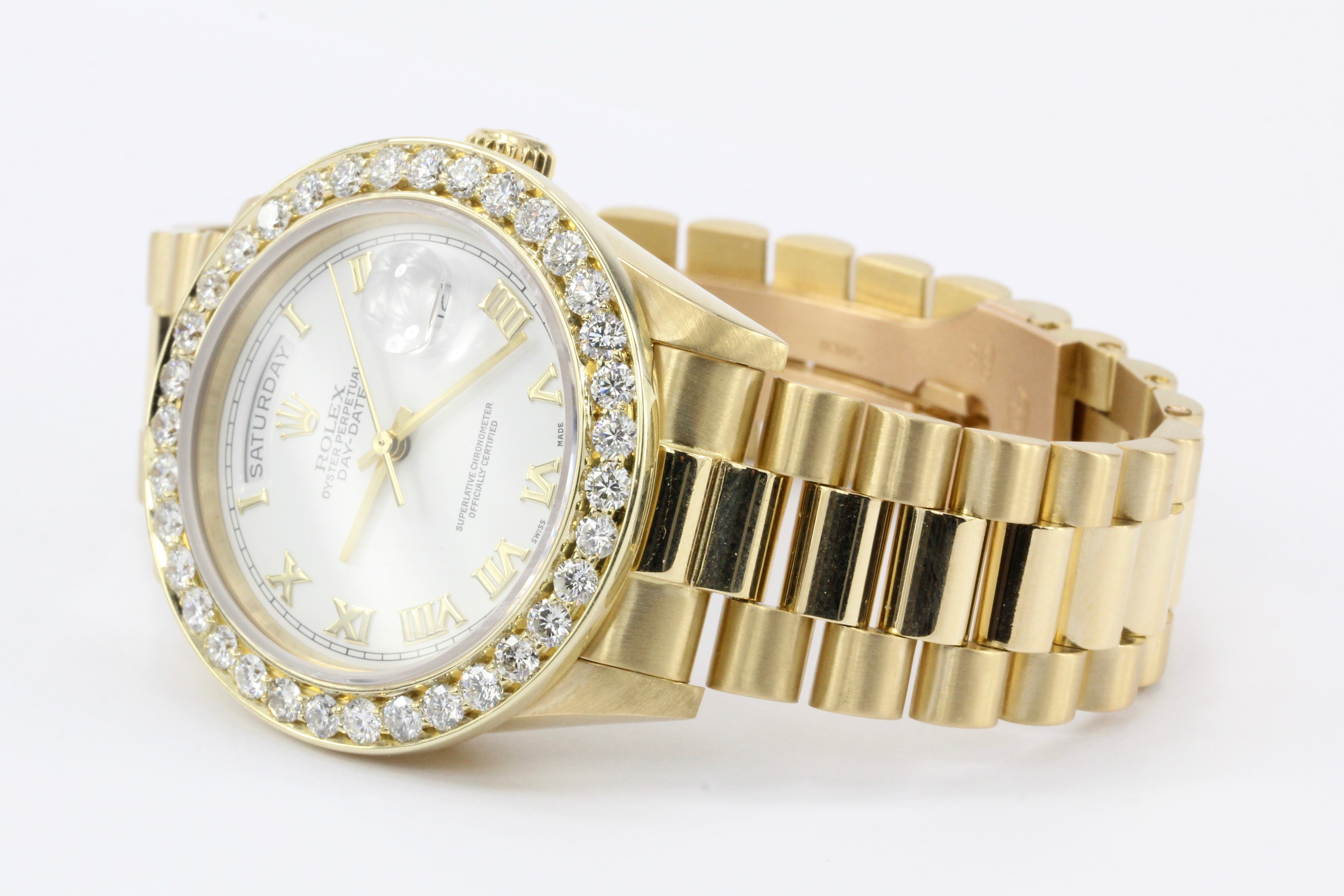Rolex Oyster President Day-Date 18038 Diamond Bezel 18k Yellow Gold Men's Watch - Queen May