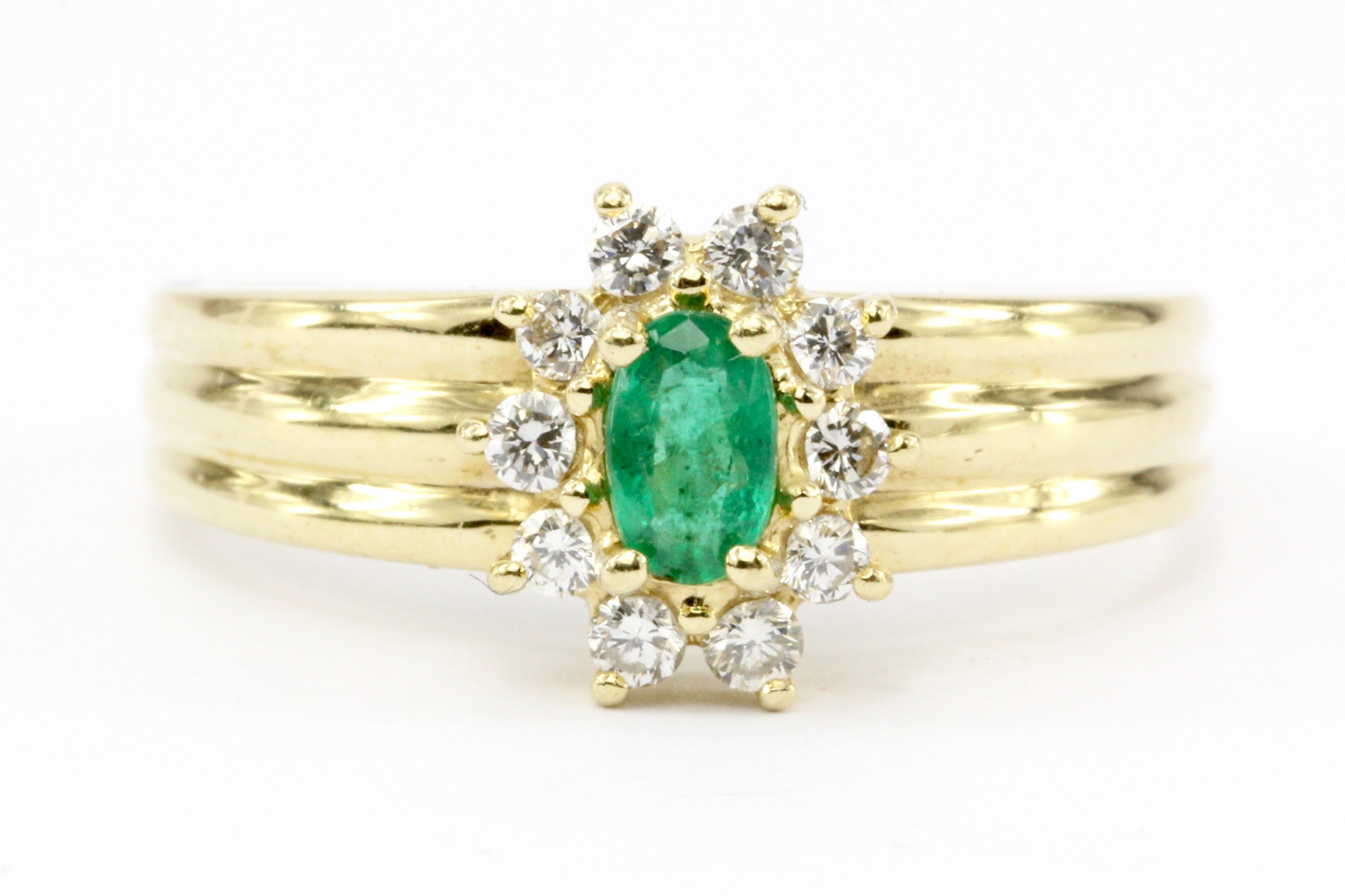 14K Gold Emerald & Diamond Halo Engagement Ring Size 7.25 - Queen May