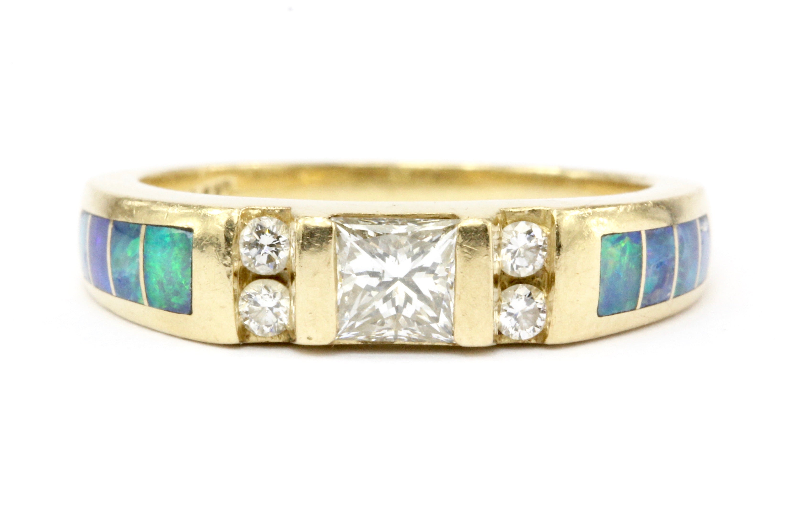 Kabana 14K Gold Princess Cut Diamond & Opal Inlaid Ring Band - Queen May