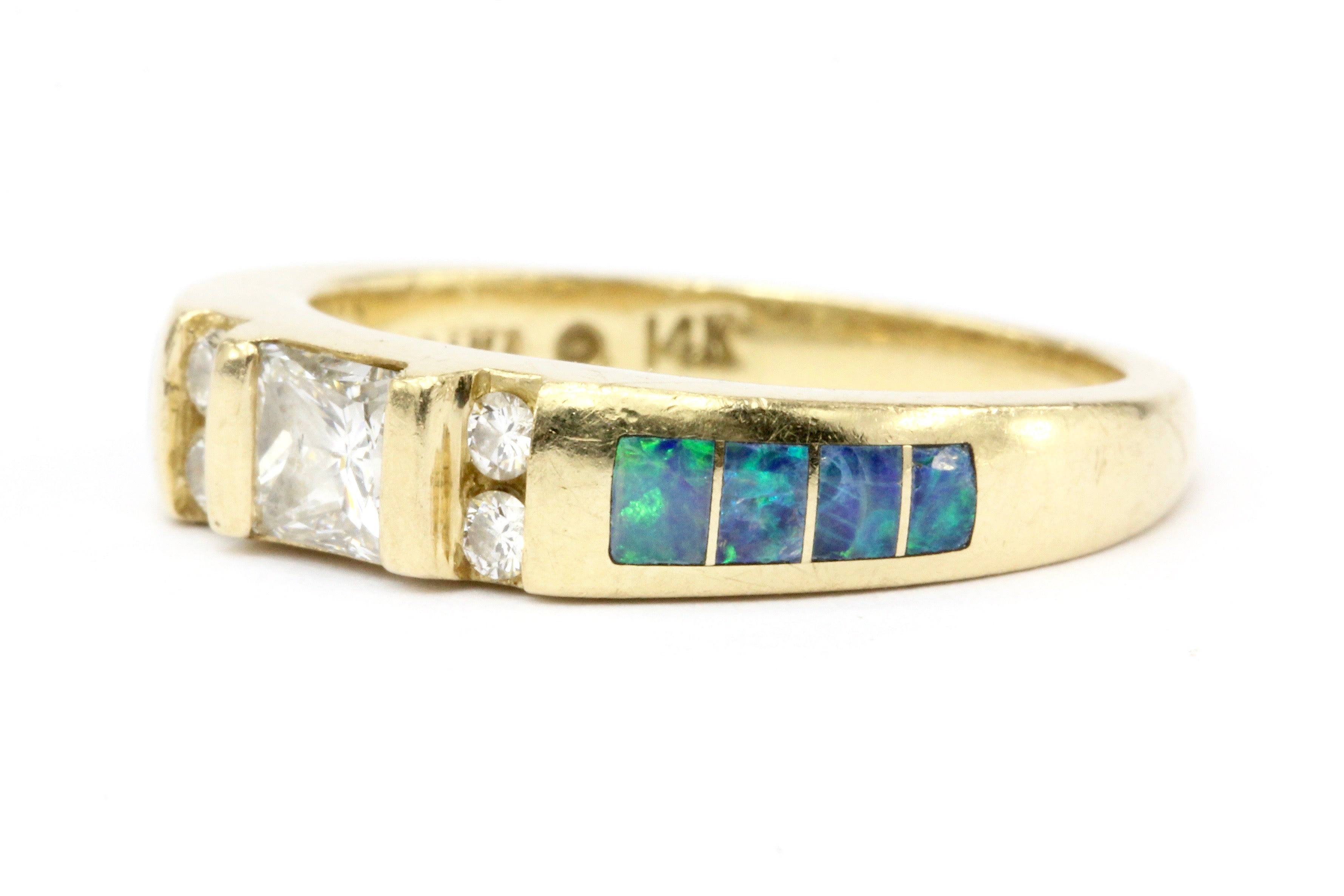 Kabana 14K Gold Princess Cut Diamond & Opal Inlaid Ring Band - Queen May