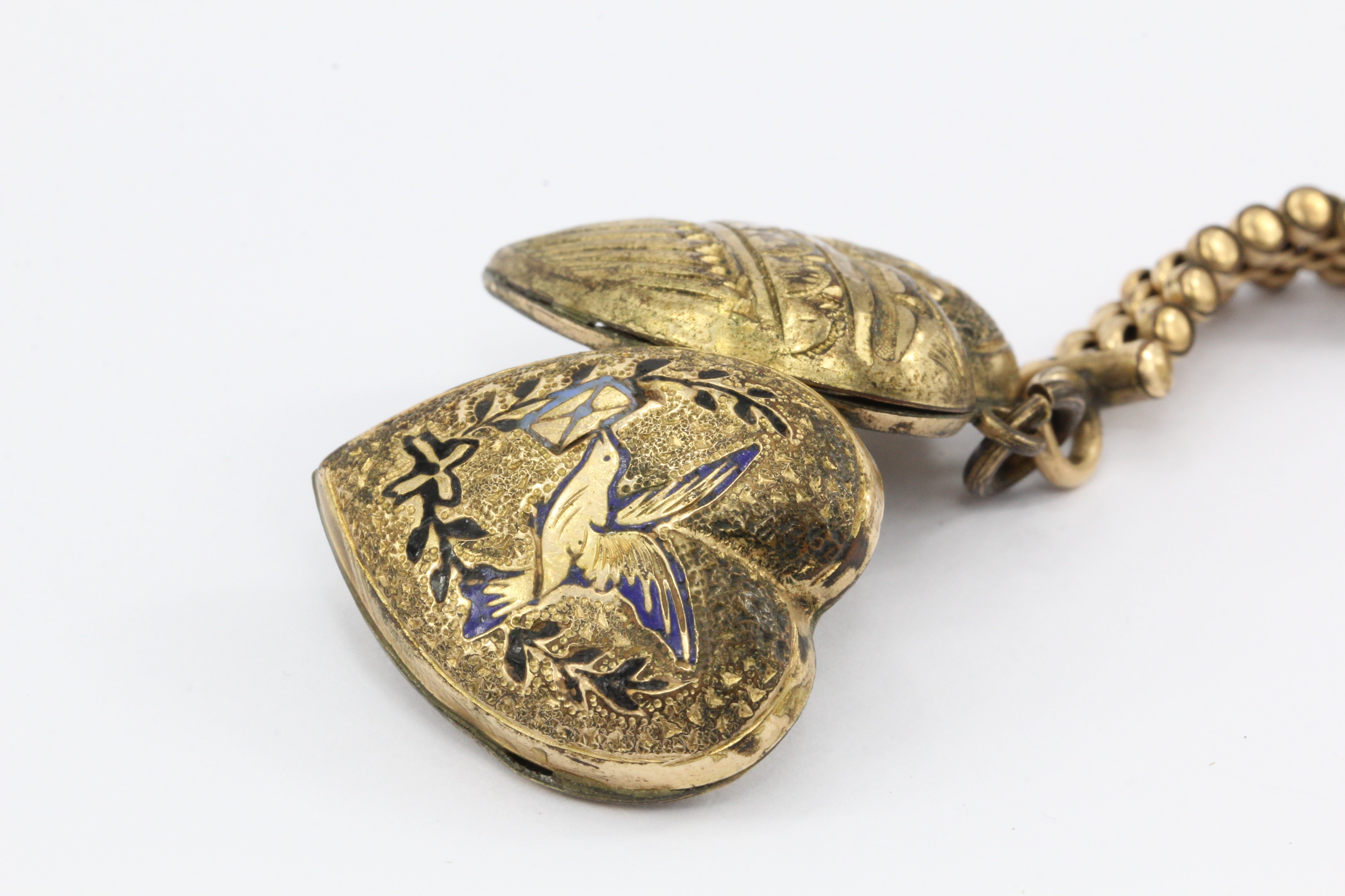 Victorian Gold Filled Dove Carrying Love Letter Heart Locket Necklace c.1880's - Queen May