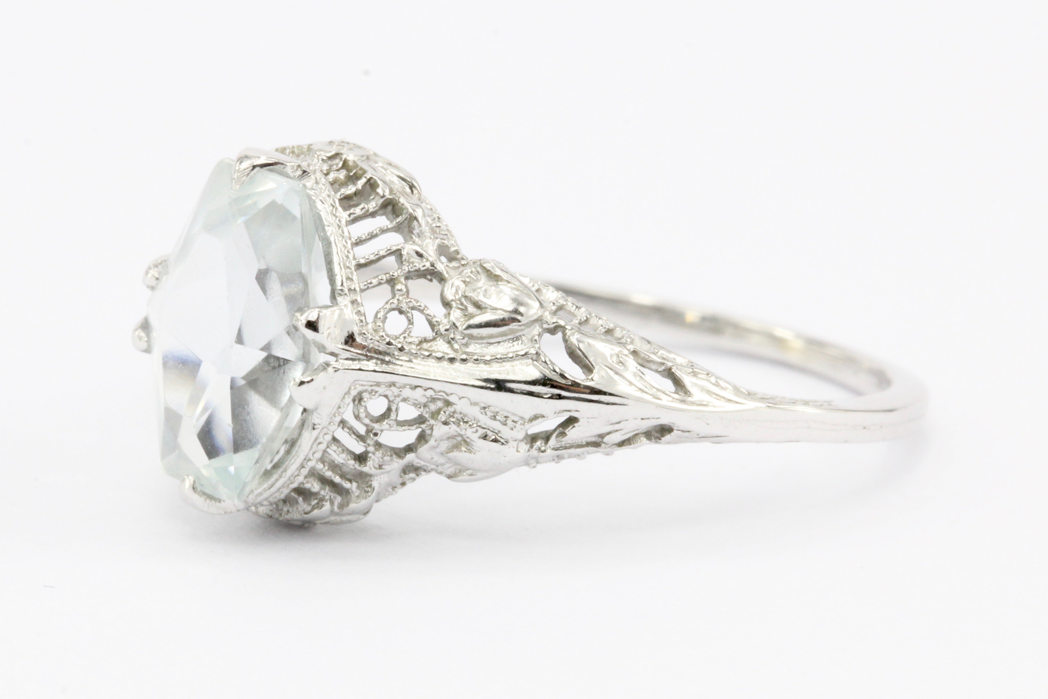 Art Deco 14k White Gold Aquamarine Filigree Ring c.1920's - Queen May