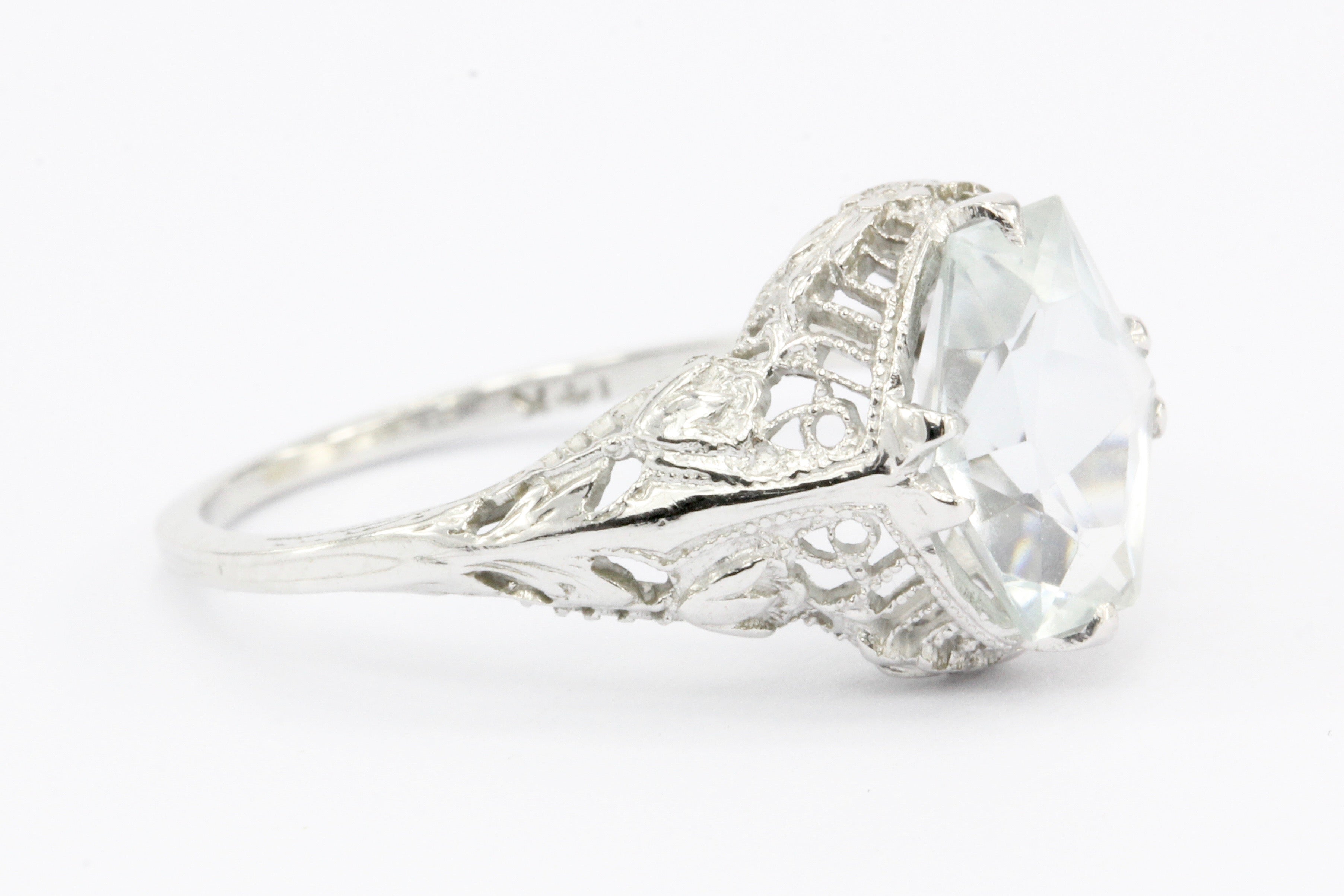 Art Deco 14k White Gold Aquamarine Filigree Ring c.1920's - Queen May