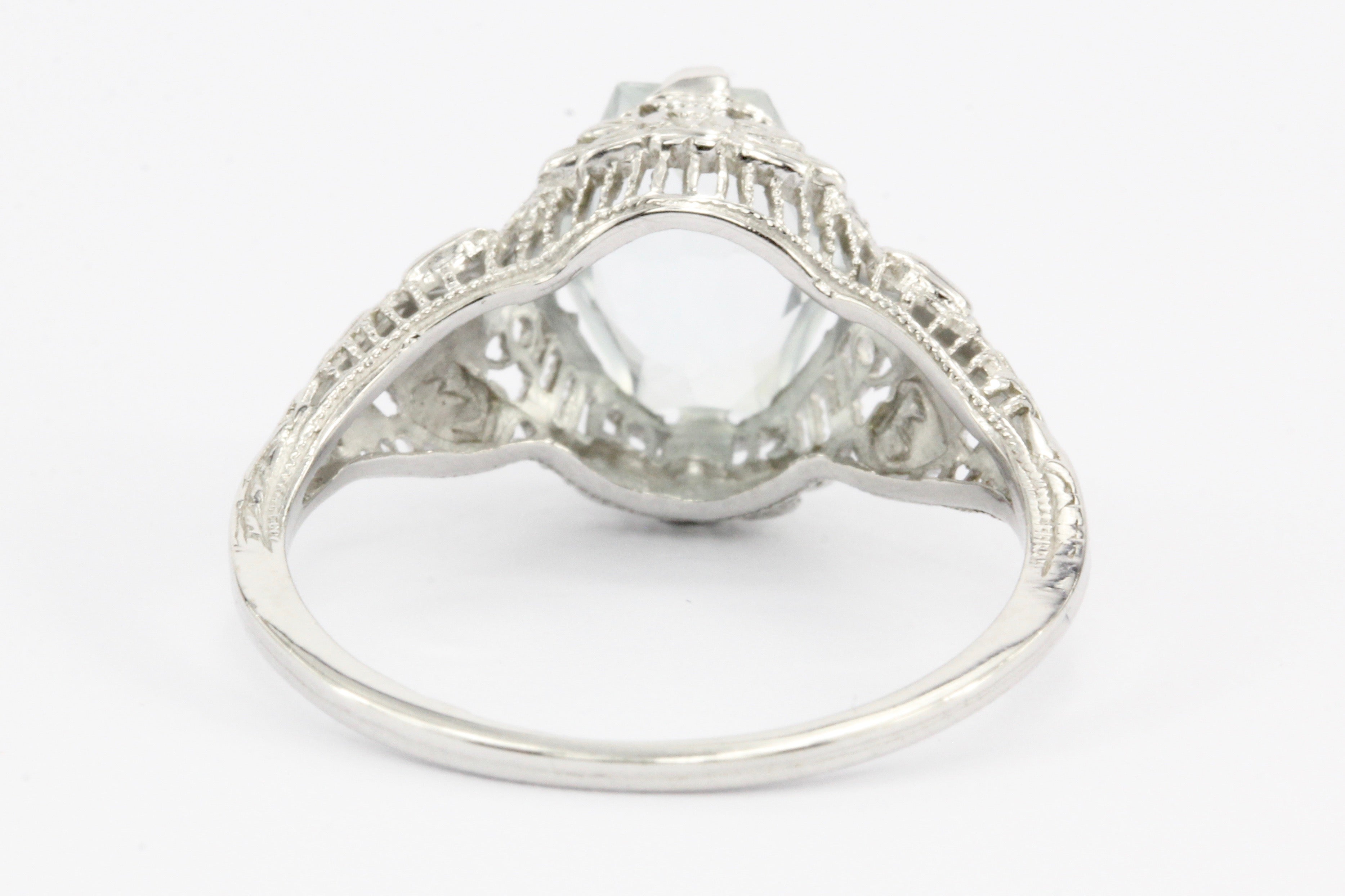 Art Deco 14k White Gold Aquamarine Filigree Ring c.1920's - Queen May