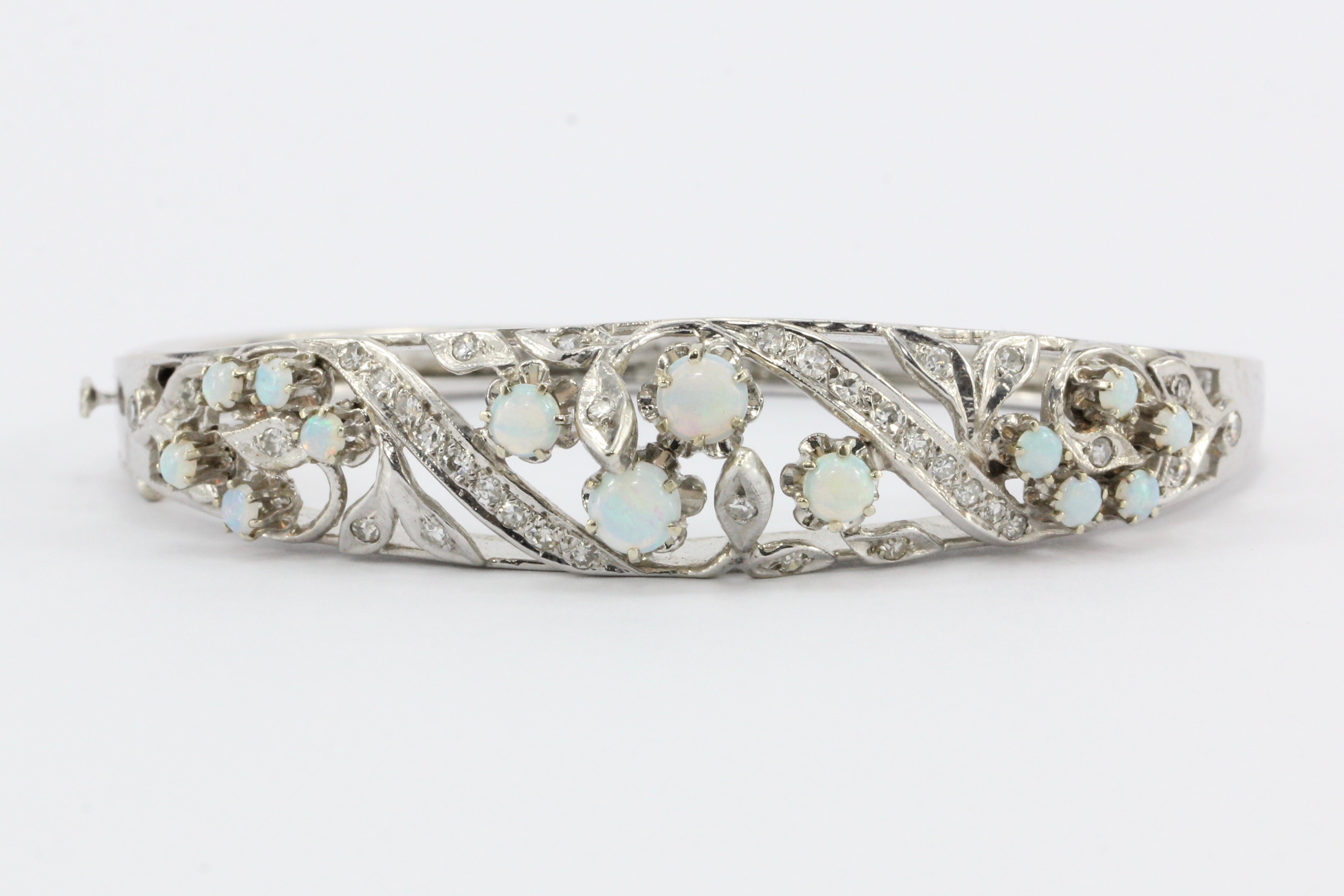 Retro 14K White Gold Diamond & Opal Bangle Bracelet c.1940's - Queen May