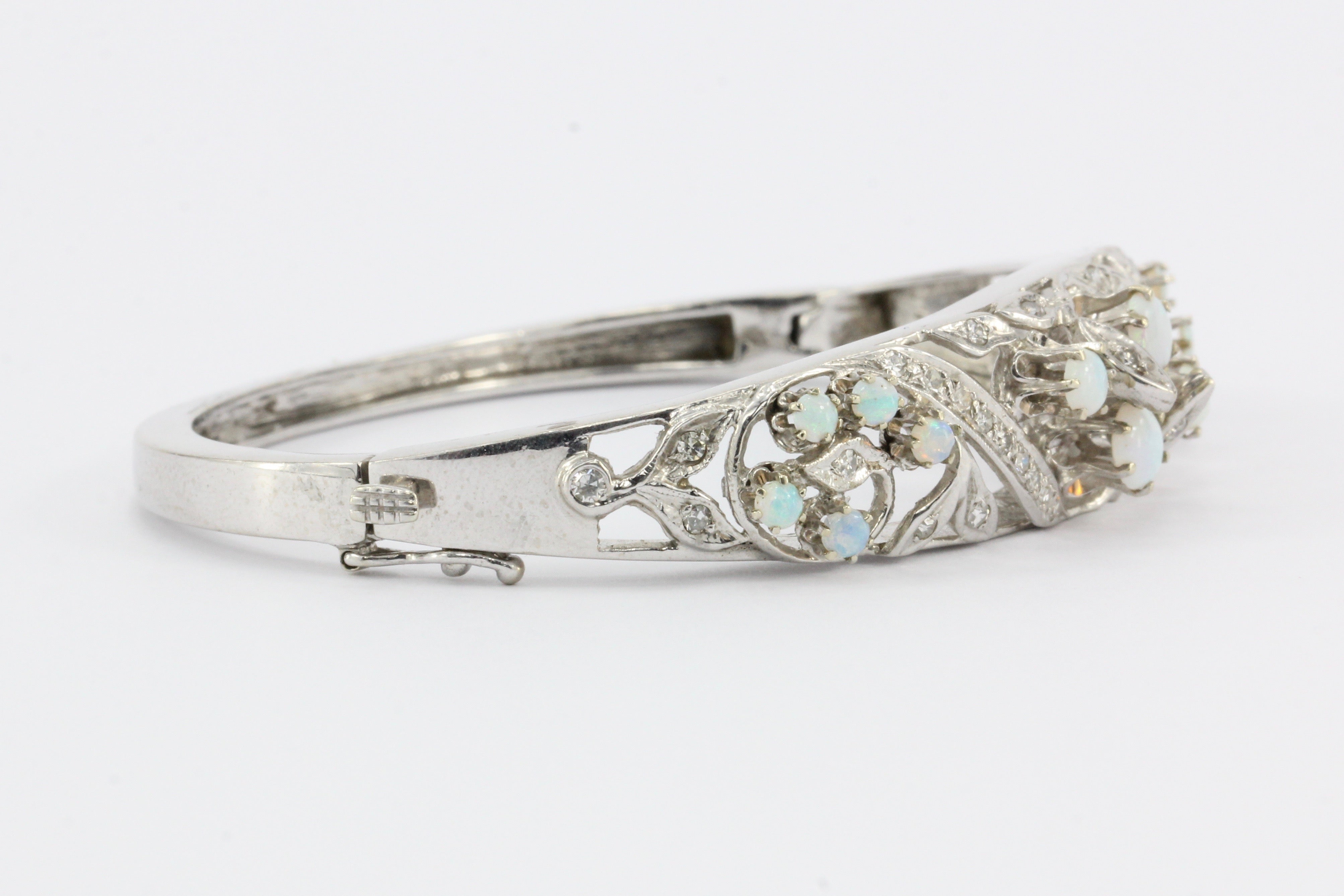 Retro 14K White Gold Diamond & Opal Bangle Bracelet c.1940's - Queen May