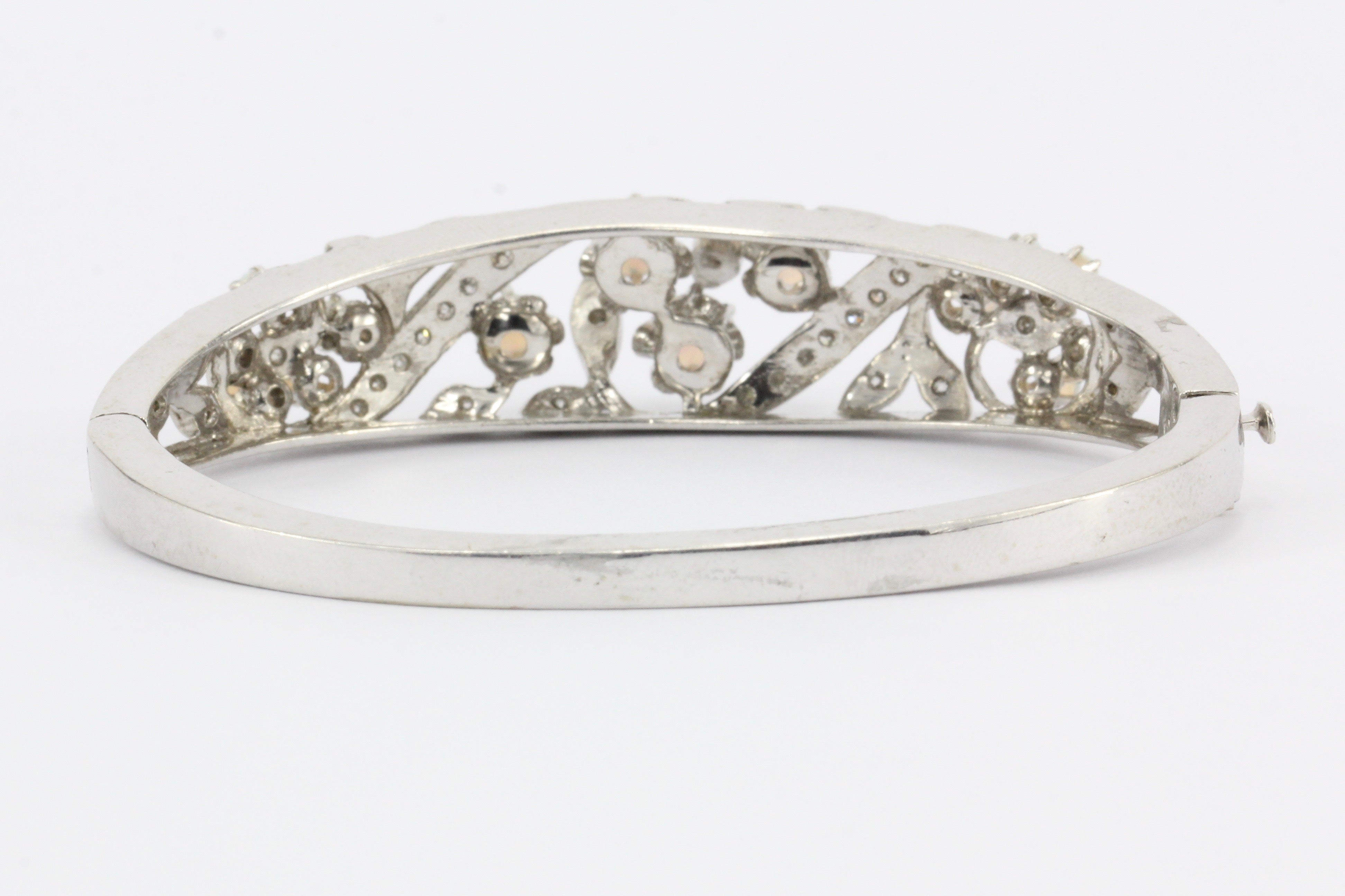 Retro 14K White Gold Diamond & Opal Bangle Bracelet c.1940's - Queen May