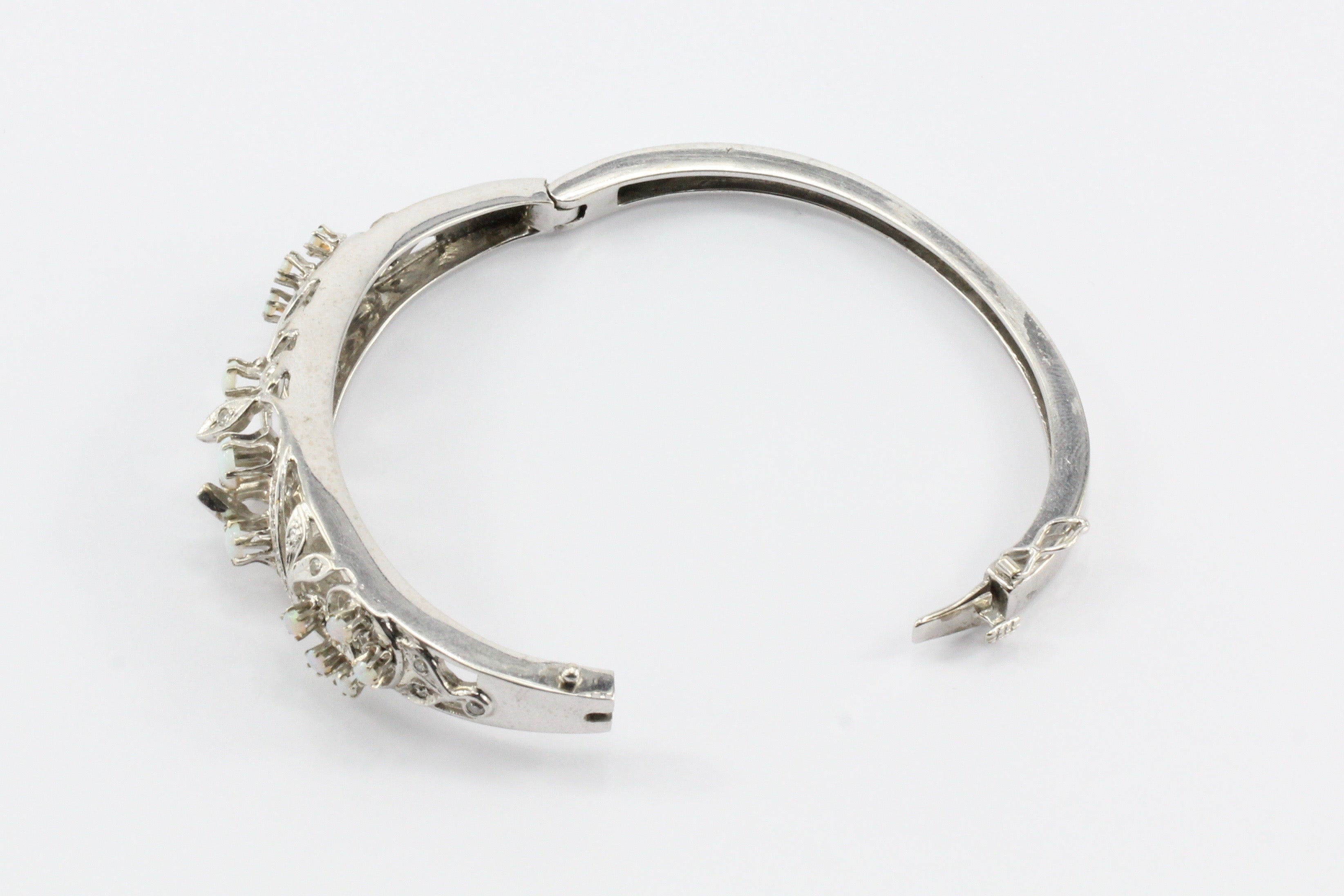Retro 14K White Gold Diamond & Opal Bangle Bracelet c.1940's - Queen May