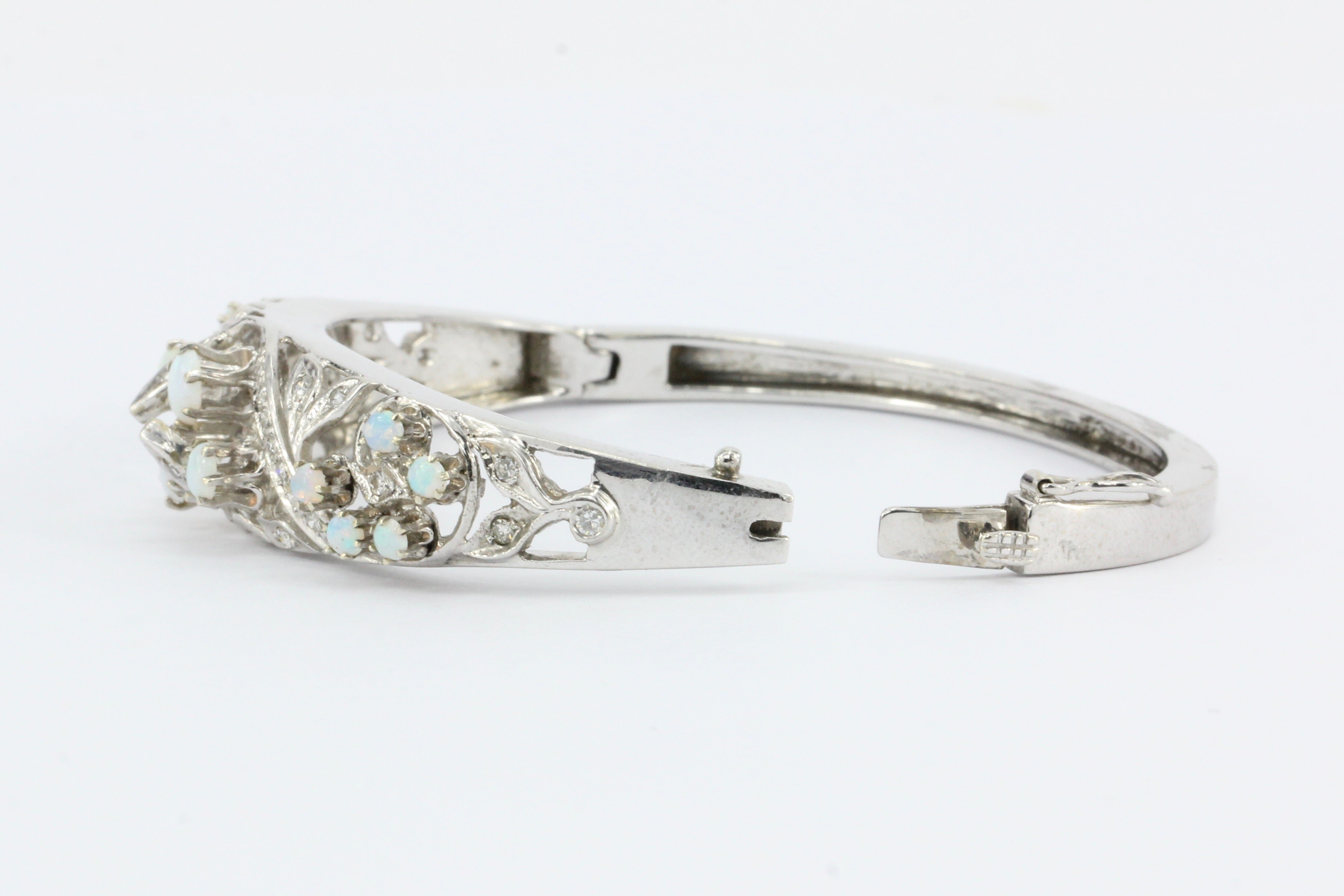 Retro 14K White Gold Diamond & Opal Bangle Bracelet c.1940's - Queen May